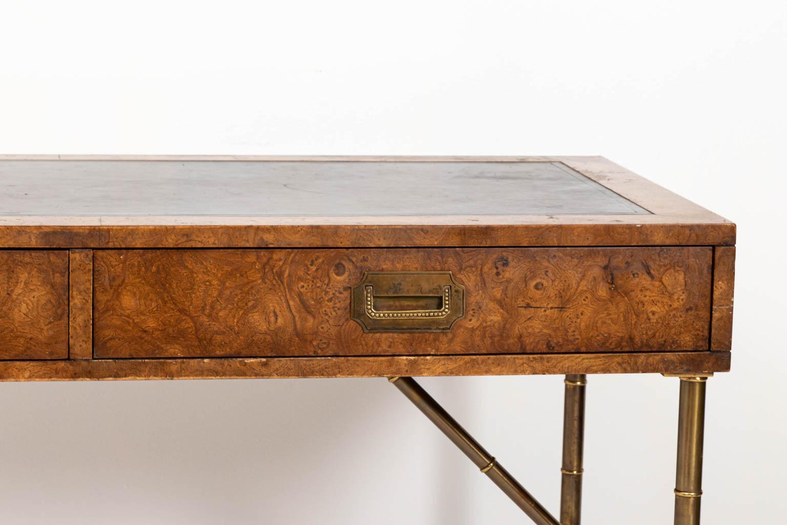 Late 20th Century Midcentury Burlwood Desk with Leather Top by Mastercraft 