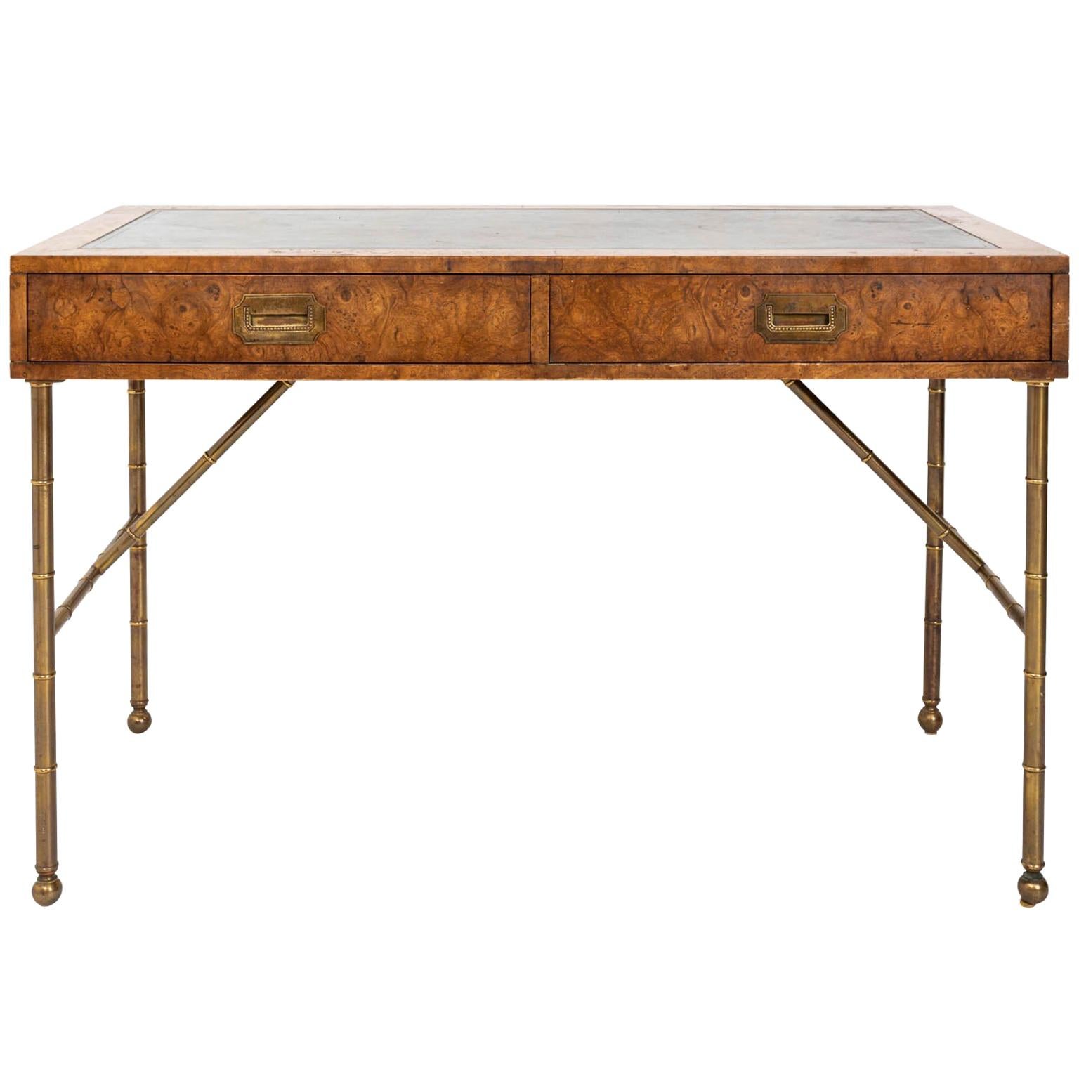 Midcentury Burlwood Desk with Leather Top by Mastercraft 