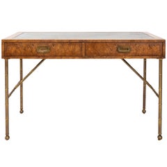 Midcentury Burlwood Desk with Leather Top by Mastercraft