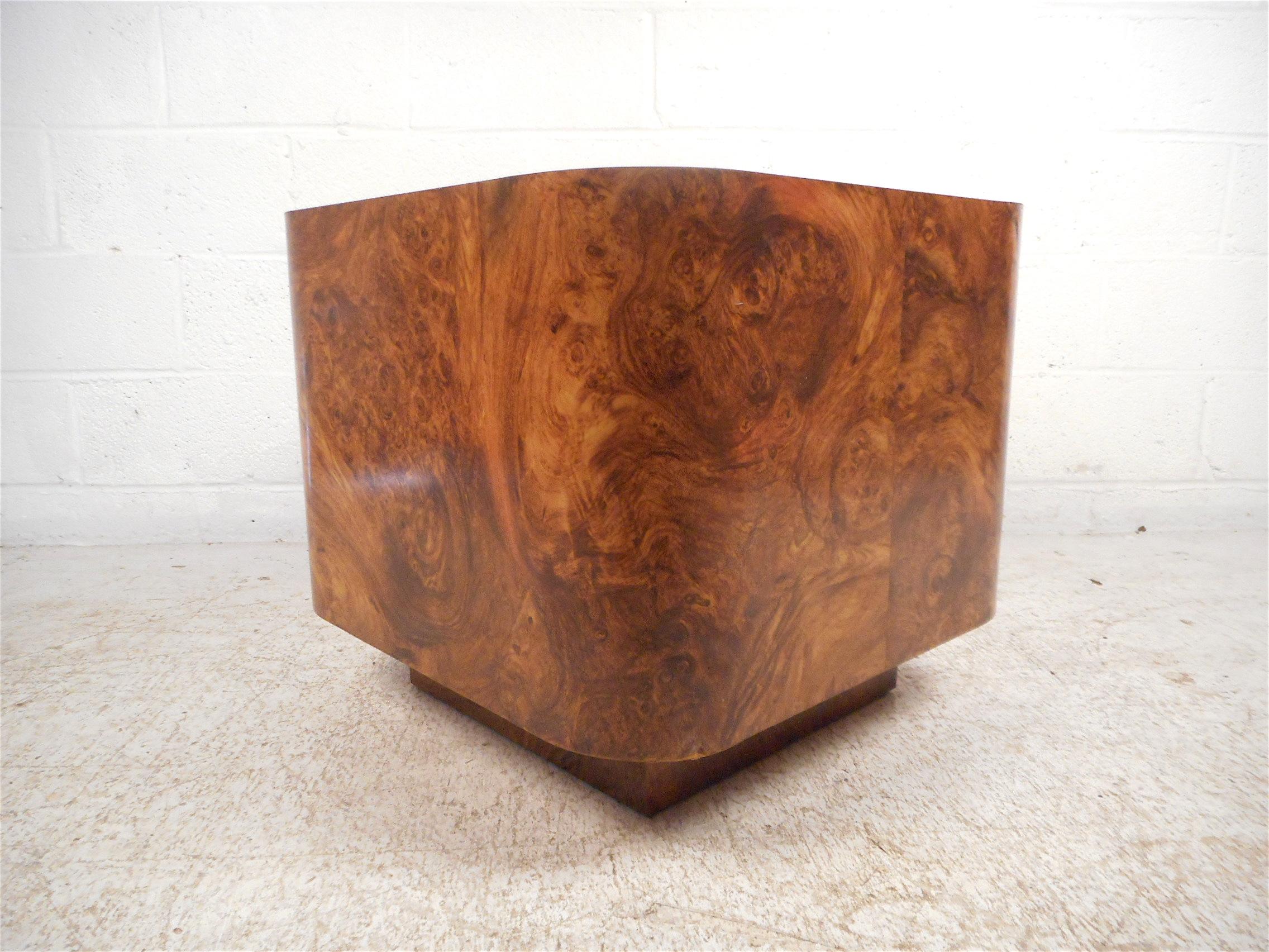 Impressive midcentury burl wood table. Sturdy and stylish, with beautiful burl wood grain throughout. Tabletop is square with rounded edges. Great addition to any modern interior. Please confirm item location with dealer (NJ or NY).