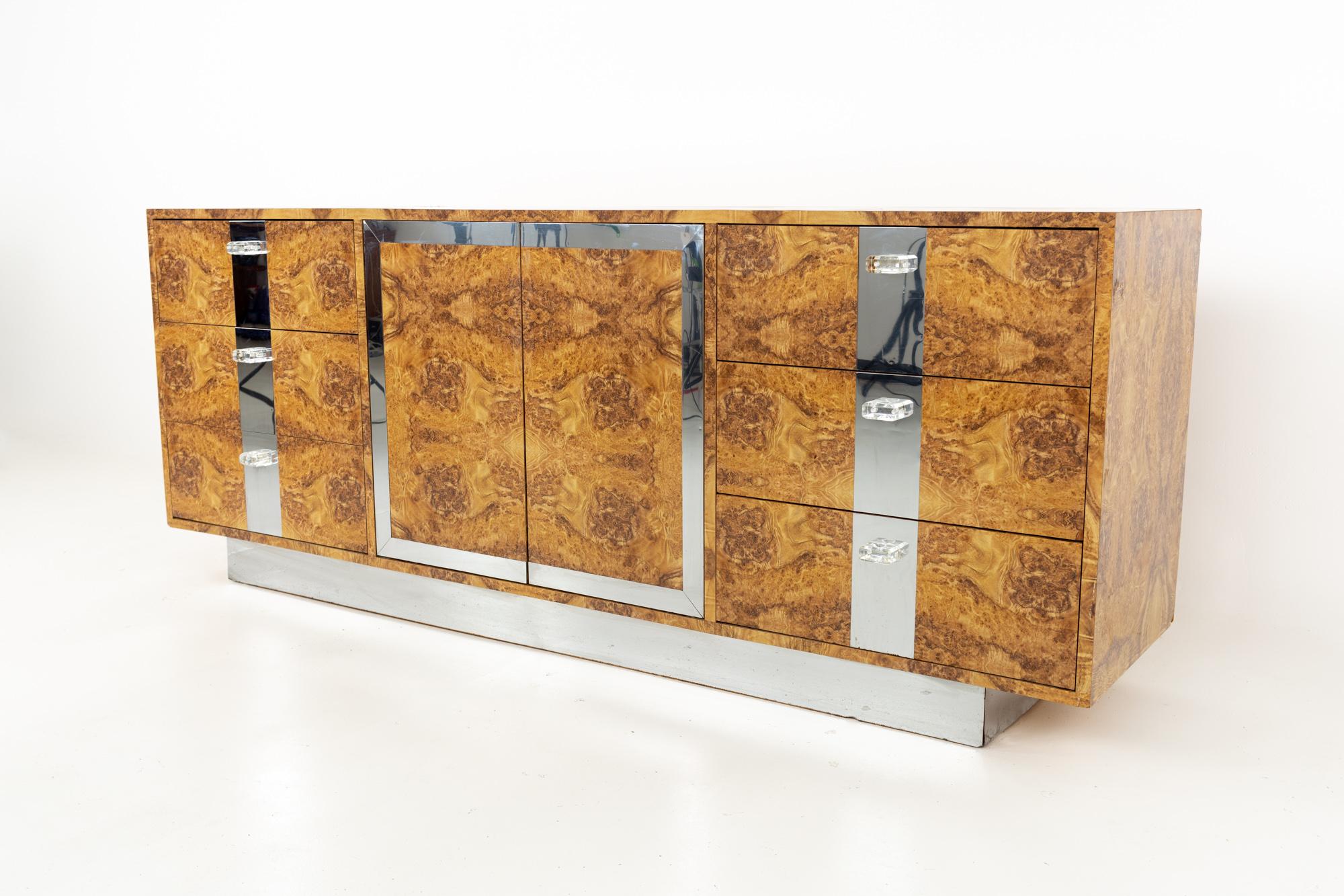 Mid century Burlwood Formica Lucite and chrome 9 drawer lowboy dresser
This dresser is 77 wide x 19 deep x 31 inches high

All pieces of furniture can be had in what we call restored vintage condition. That means the piece is restored upon