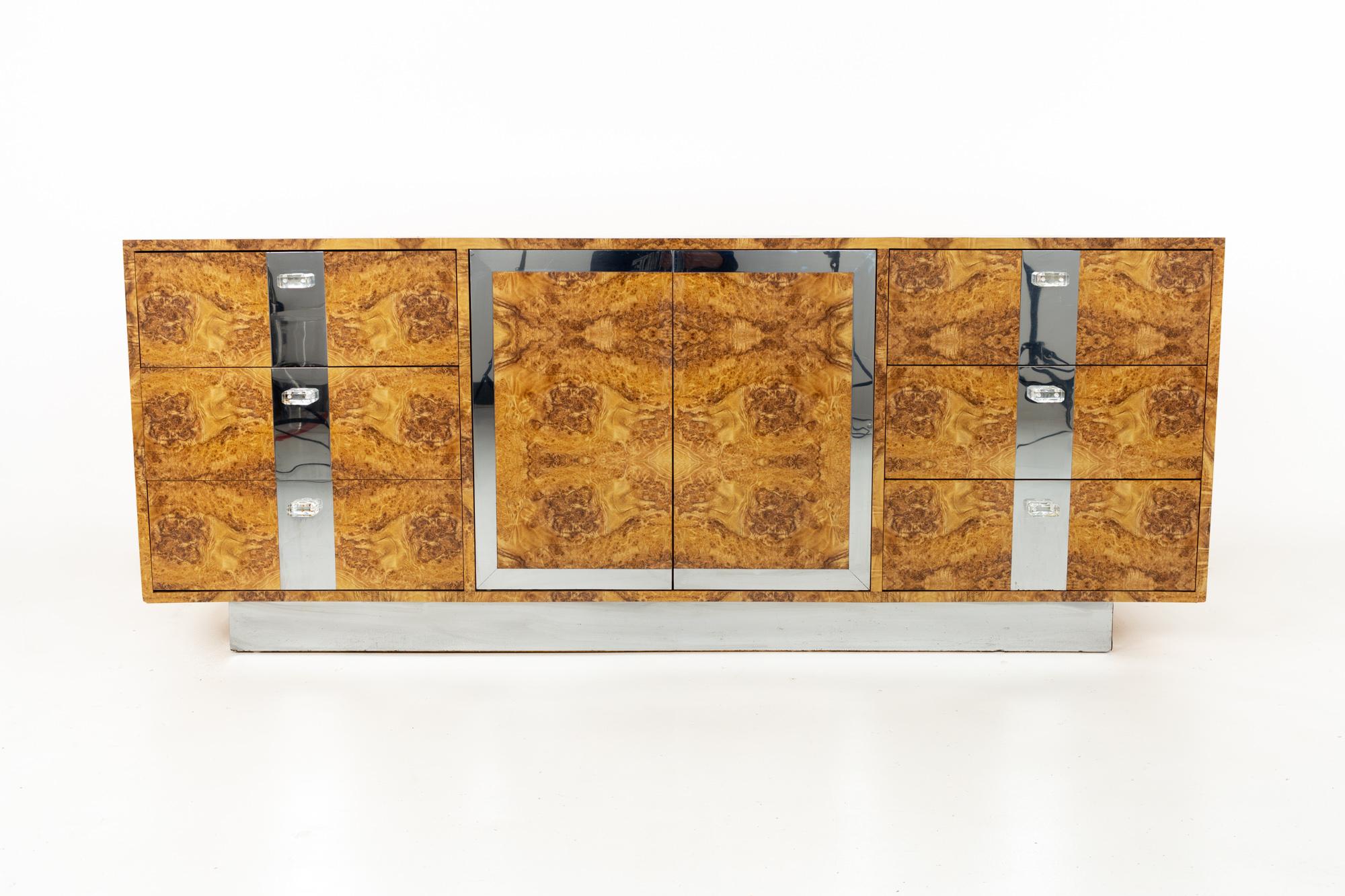 Mid-Century Modern Mid Century Burlwood Formica Lucite and Chrome 9 Drawer Lowboy Dresser