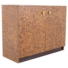 Retro Mid Century Burlwood Laminate and Brass Bar Record Credenza