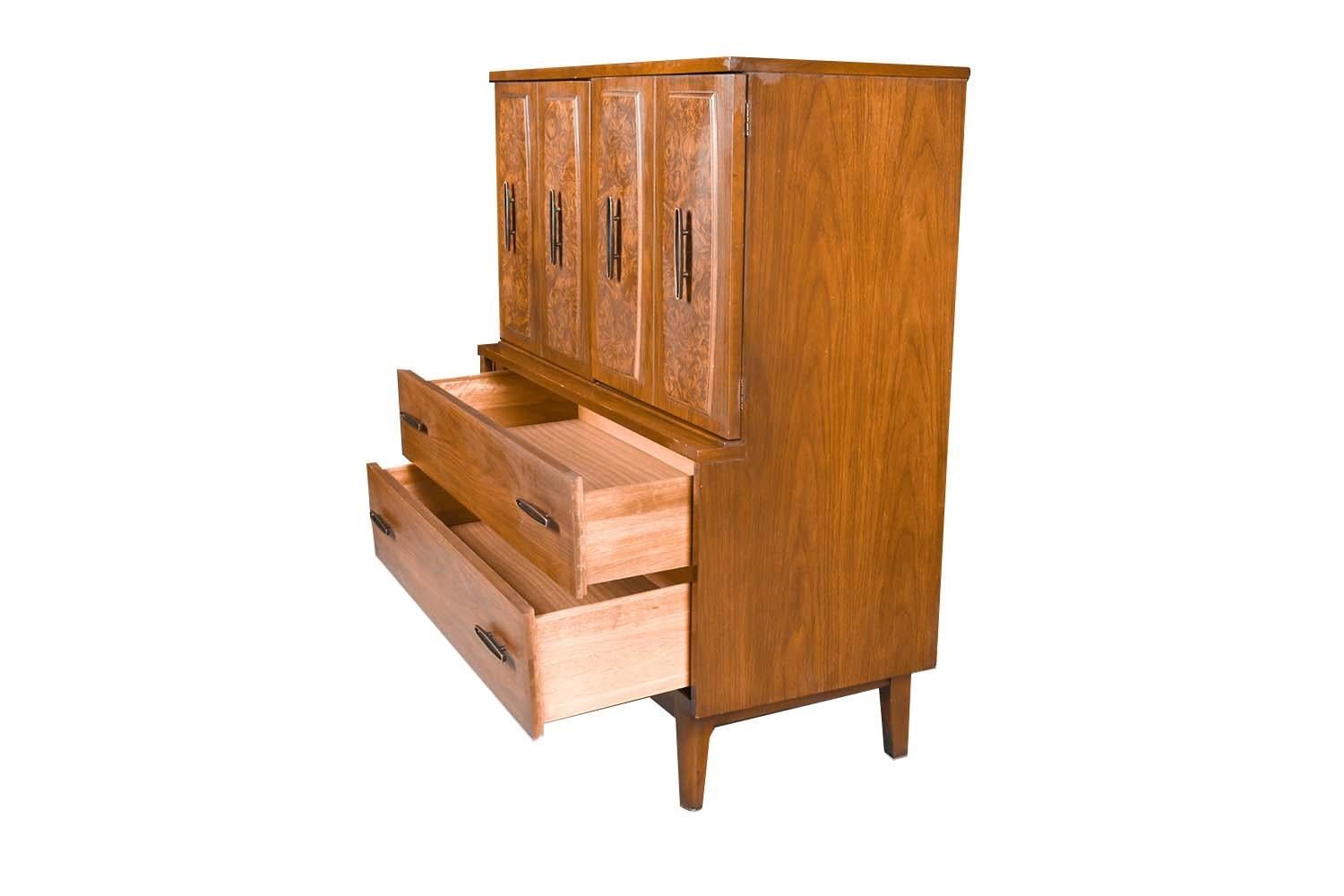 Mid-Century Burlwood Tallboy Dresser Lenoir Furniture In Fair Condition For Sale In Baltimore, MD
