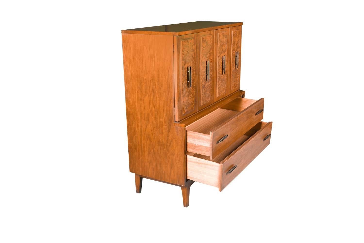 20th Century Mid-Century Burlwood Tallboy Dresser Lenoir Furniture For Sale