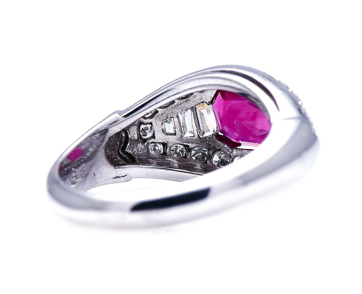 Octagon Cut Midcentury, Burmese Ruby and Diamond Cluster Ring For Sale