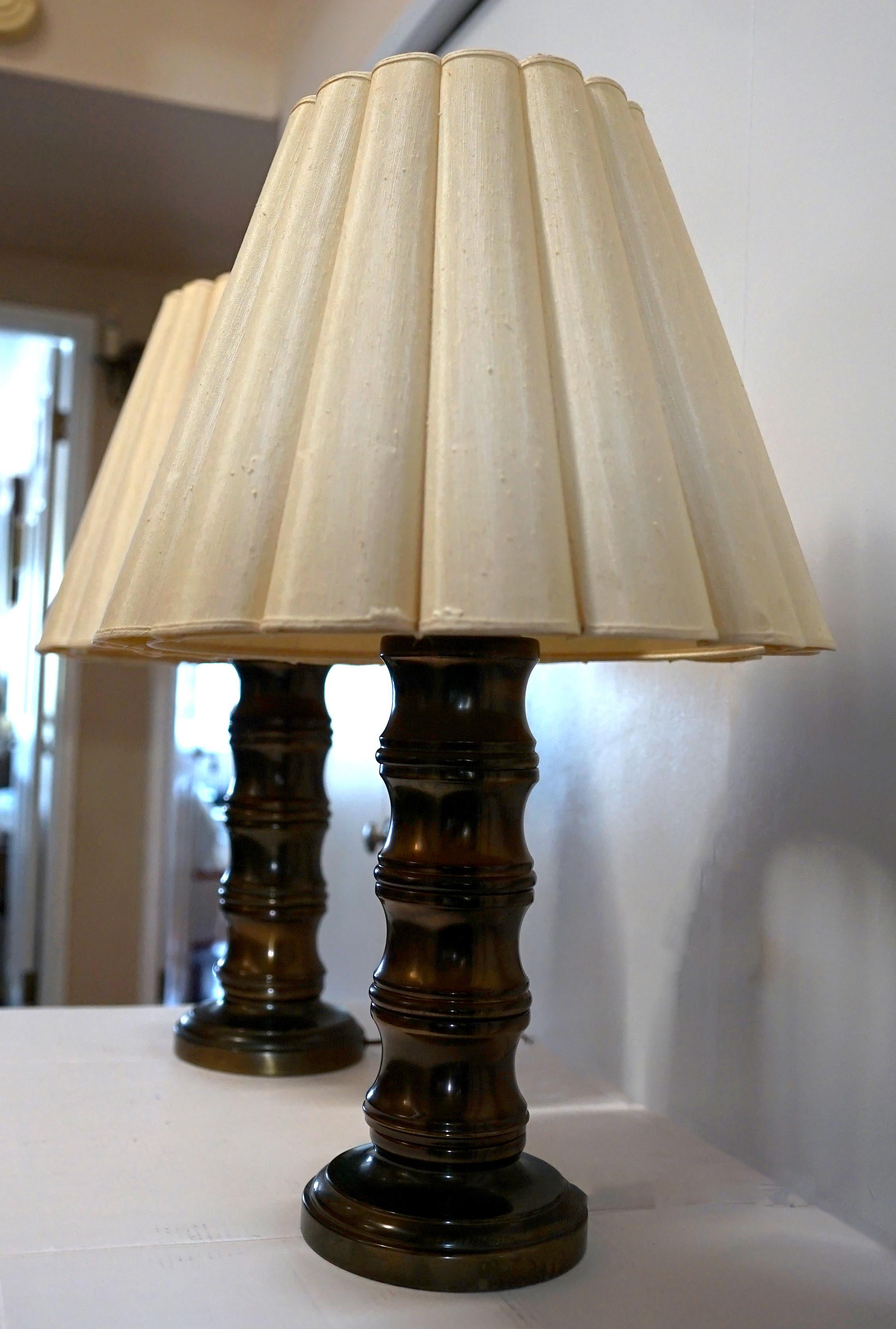 Mid-Century Burnished Brass Turned Pillar Column Lamps with Pleated Shades For Sale 6