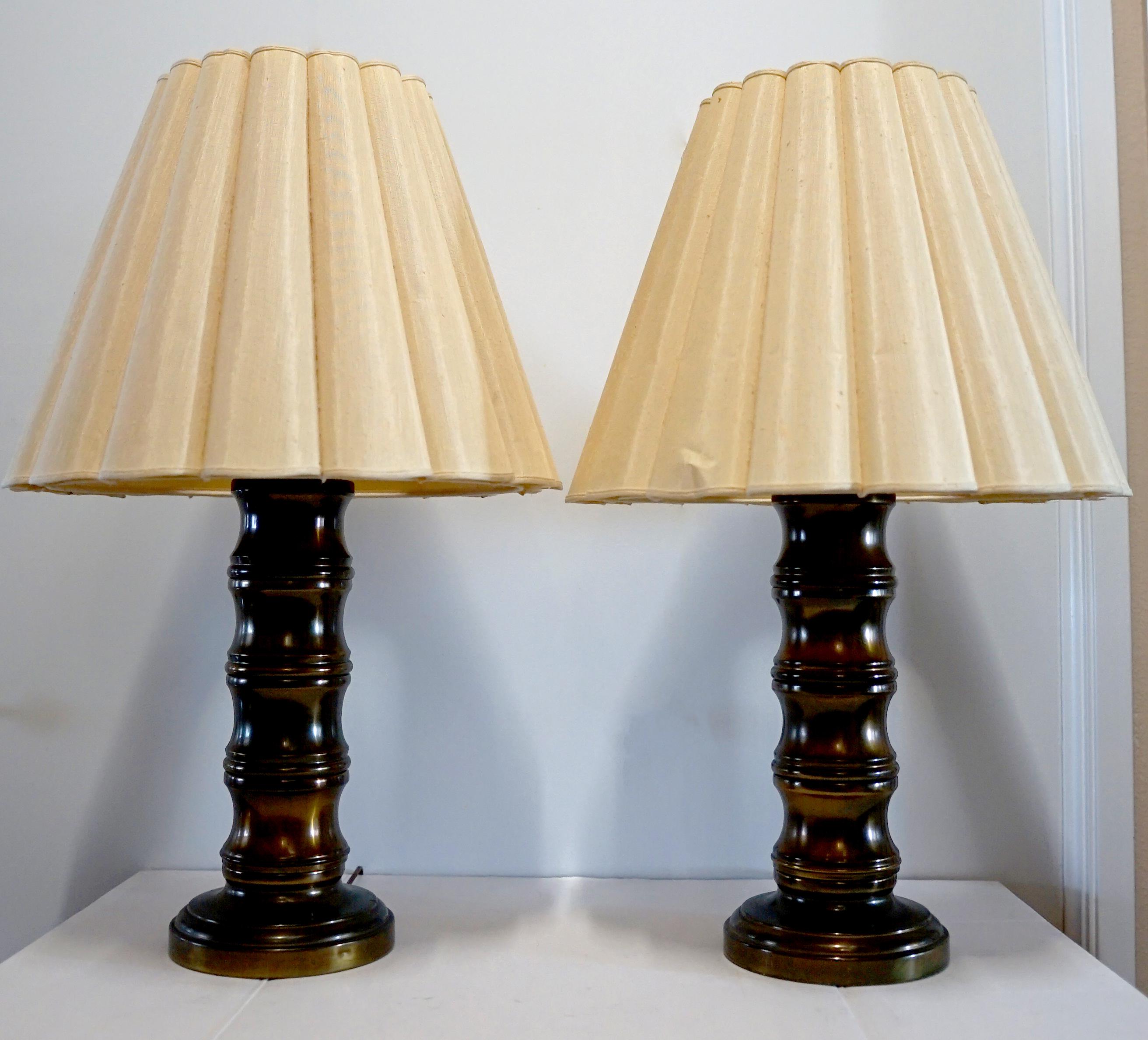 Mid-Century Burnished Brass Turned Pillar Column Lamps with Pleated Shades In Good Condition For Sale In Lomita, CA