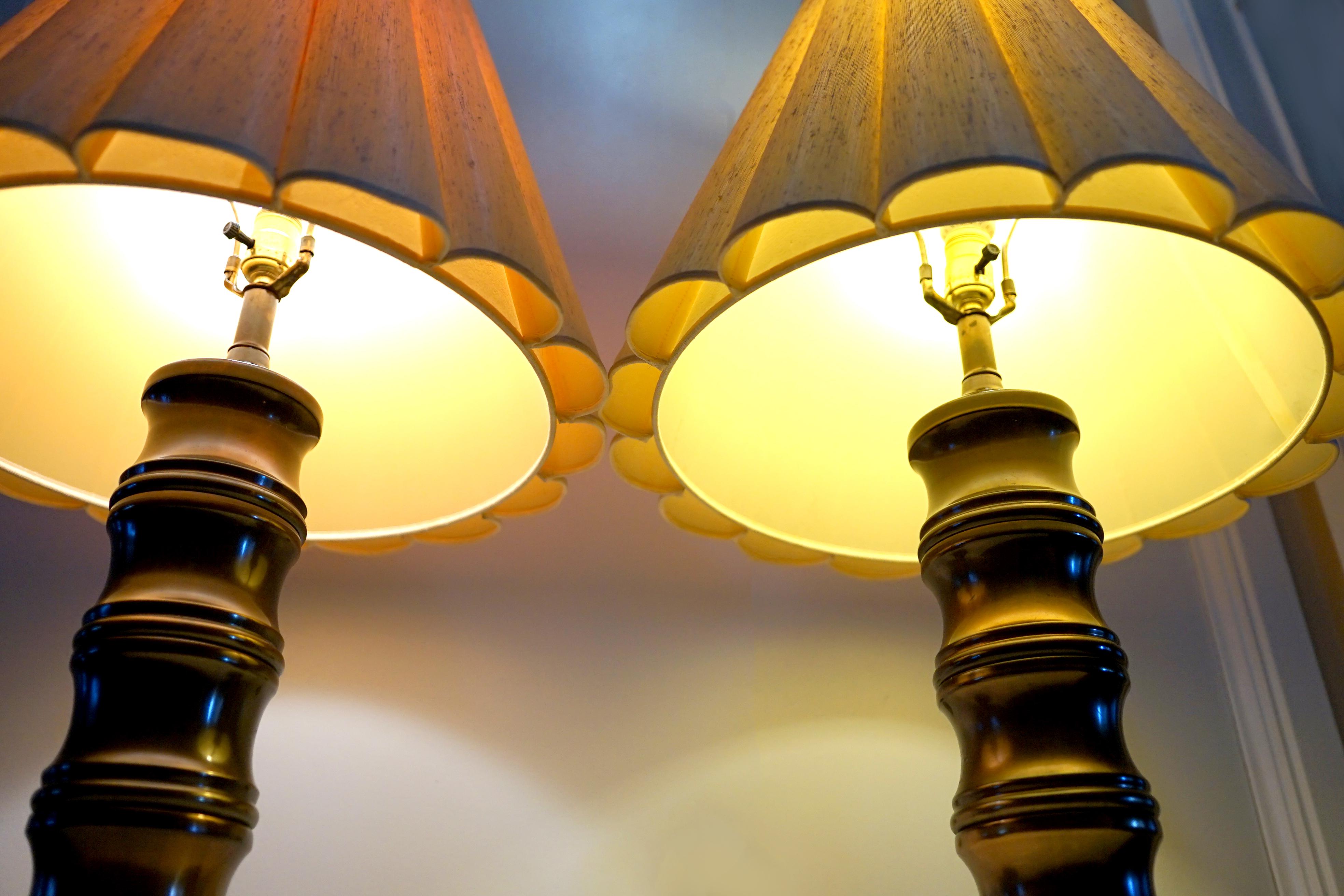 20th Century Mid-Century Burnished Brass Turned Pillar Column Lamps with Pleated Shades For Sale