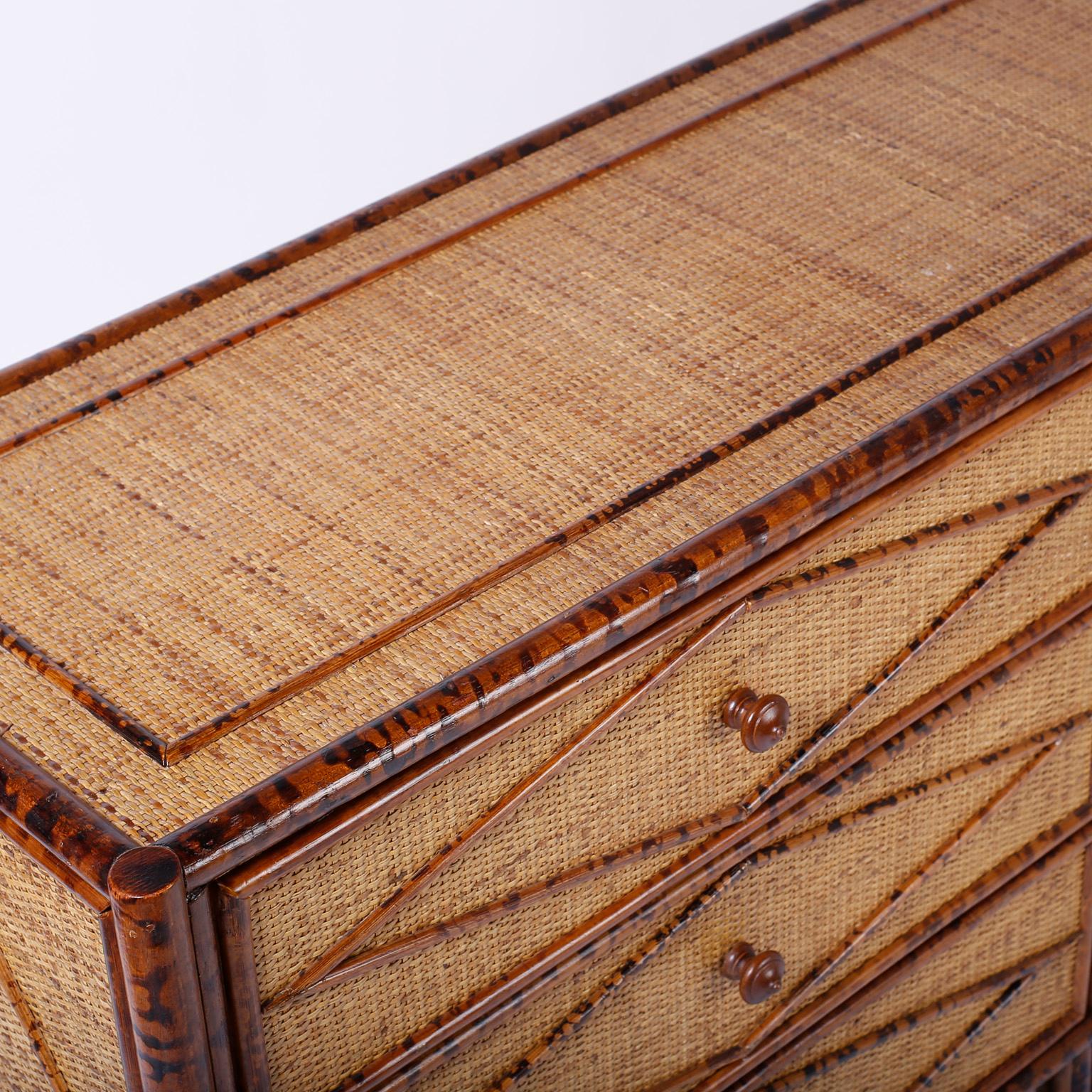 British Colonial Midcentury Burnt Bamboo and Grasscloth Chest of Drawers
