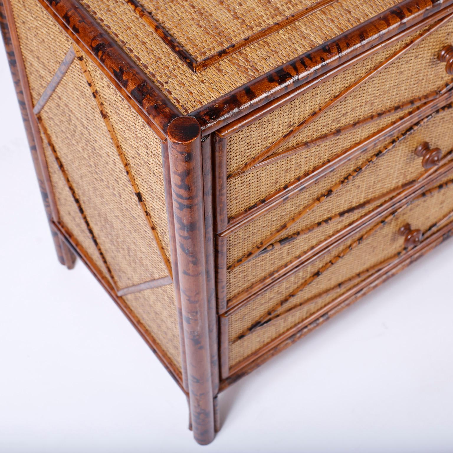 American Midcentury Burnt Bamboo and Grasscloth Chest of Drawers