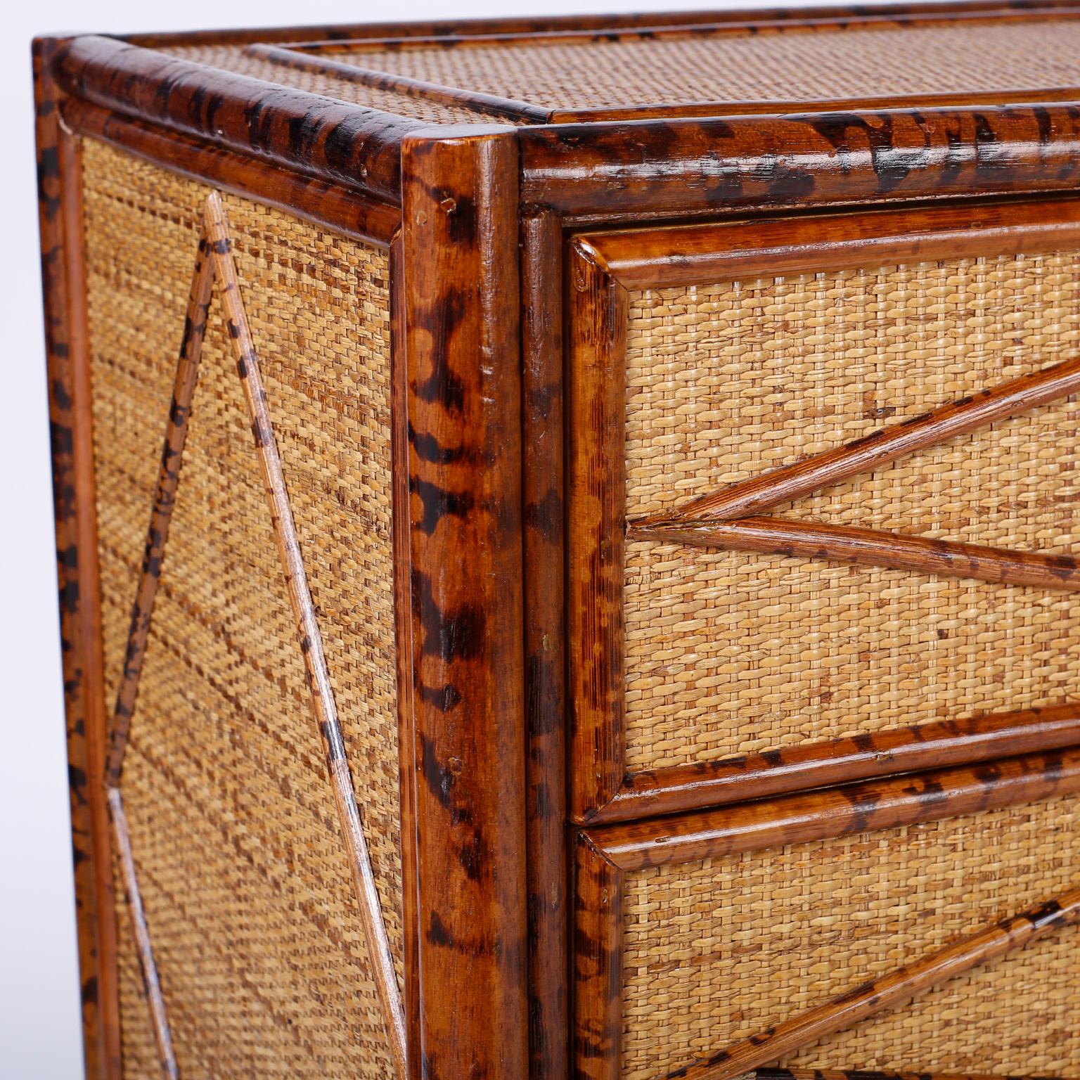 Midcentury Burnt Bamboo and Grasscloth Chest of Drawers In Good Condition In Palm Beach, FL