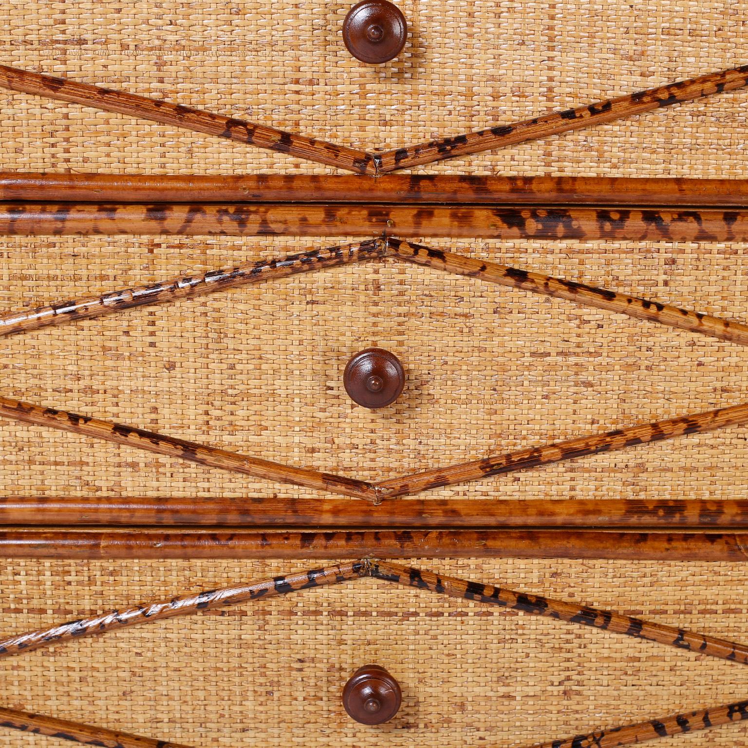 20th Century Midcentury Burnt Bamboo and Grasscloth Chest of Drawers