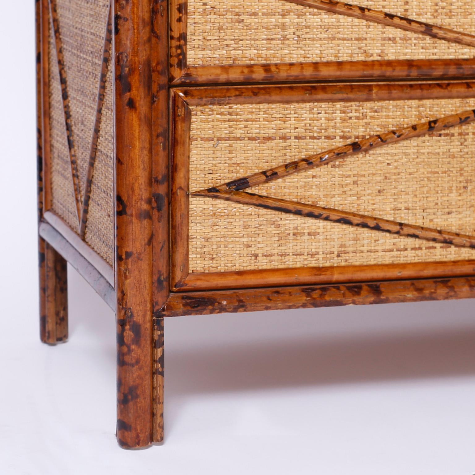 Midcentury Burnt Bamboo and Grasscloth Chest of Drawers 1