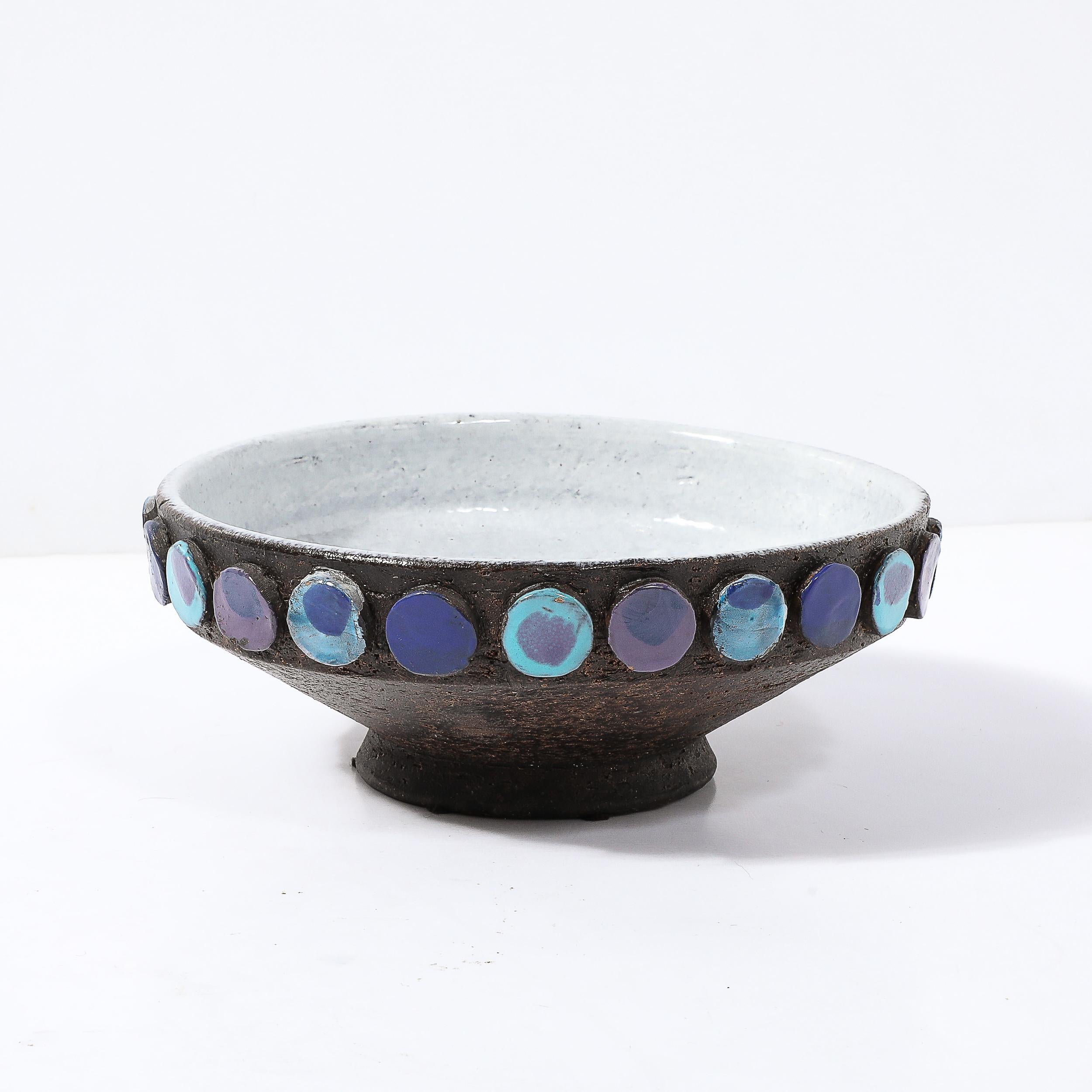 Mid-Century Modern Mid-Century Burnt Umber & Multicolor Blue Ceramic Bowl by Aldo Londi for Vistosi For Sale