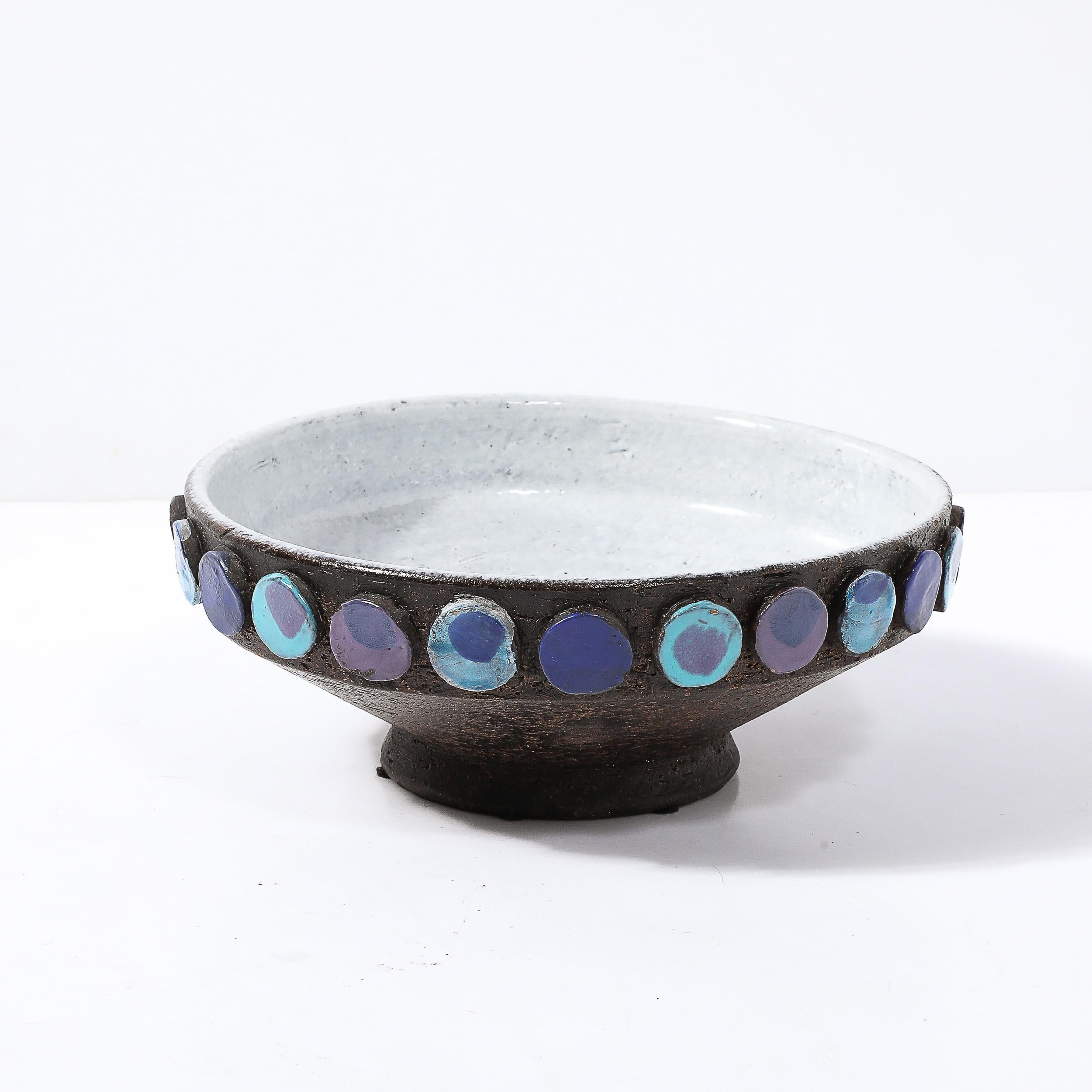 Italian Mid-Century Burnt Umber & Multicolor Blue Ceramic Bowl by Aldo Londi for Vistosi For Sale