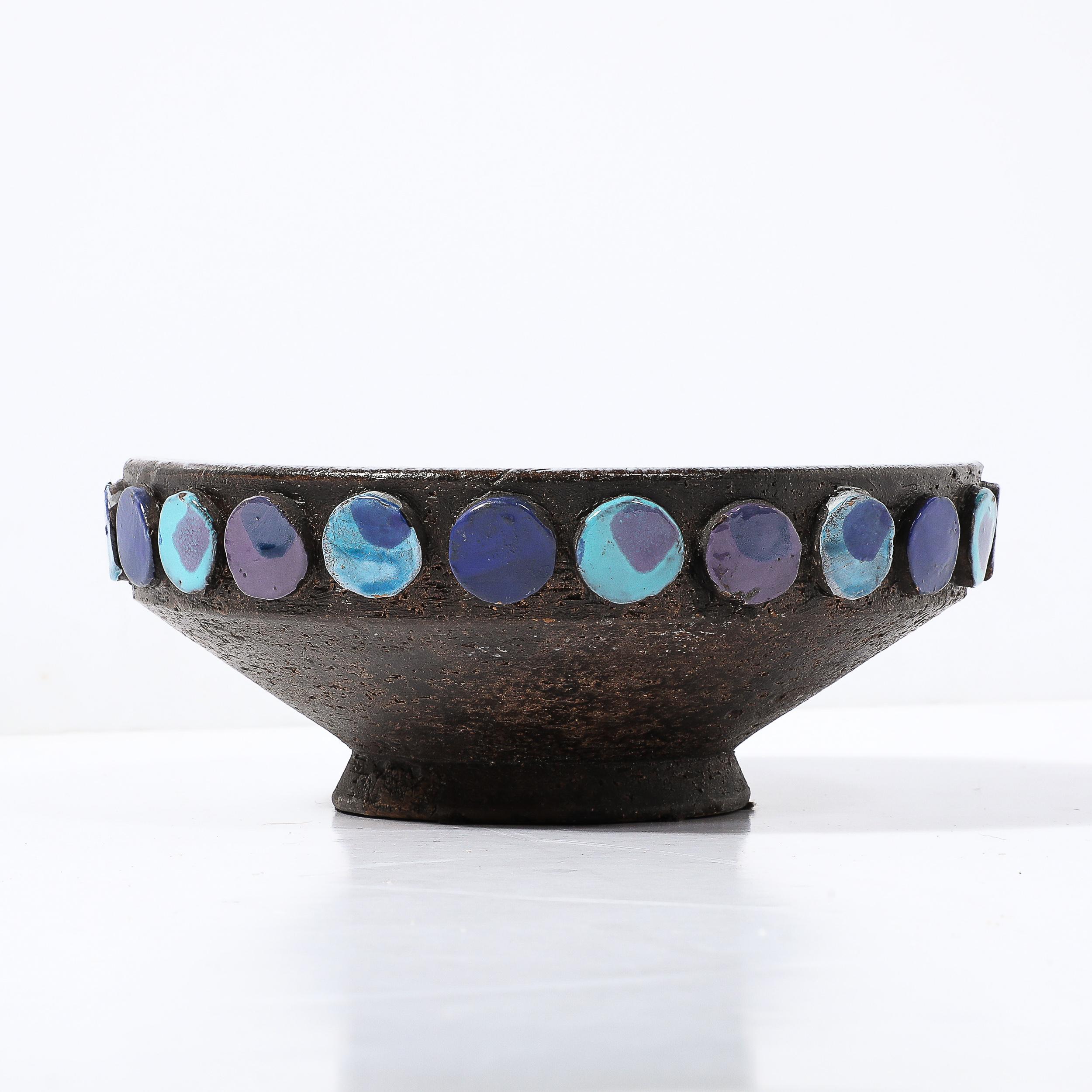 Mid-Century Burnt Umber & Multicolor Blue Ceramic Bowl by Aldo Londi for Vistosi In Excellent Condition For Sale In New York, NY