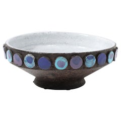 Mid-Century Burnt Umber & Multicolor Blue Ceramic Bowl by Aldo Londi for Vistosi