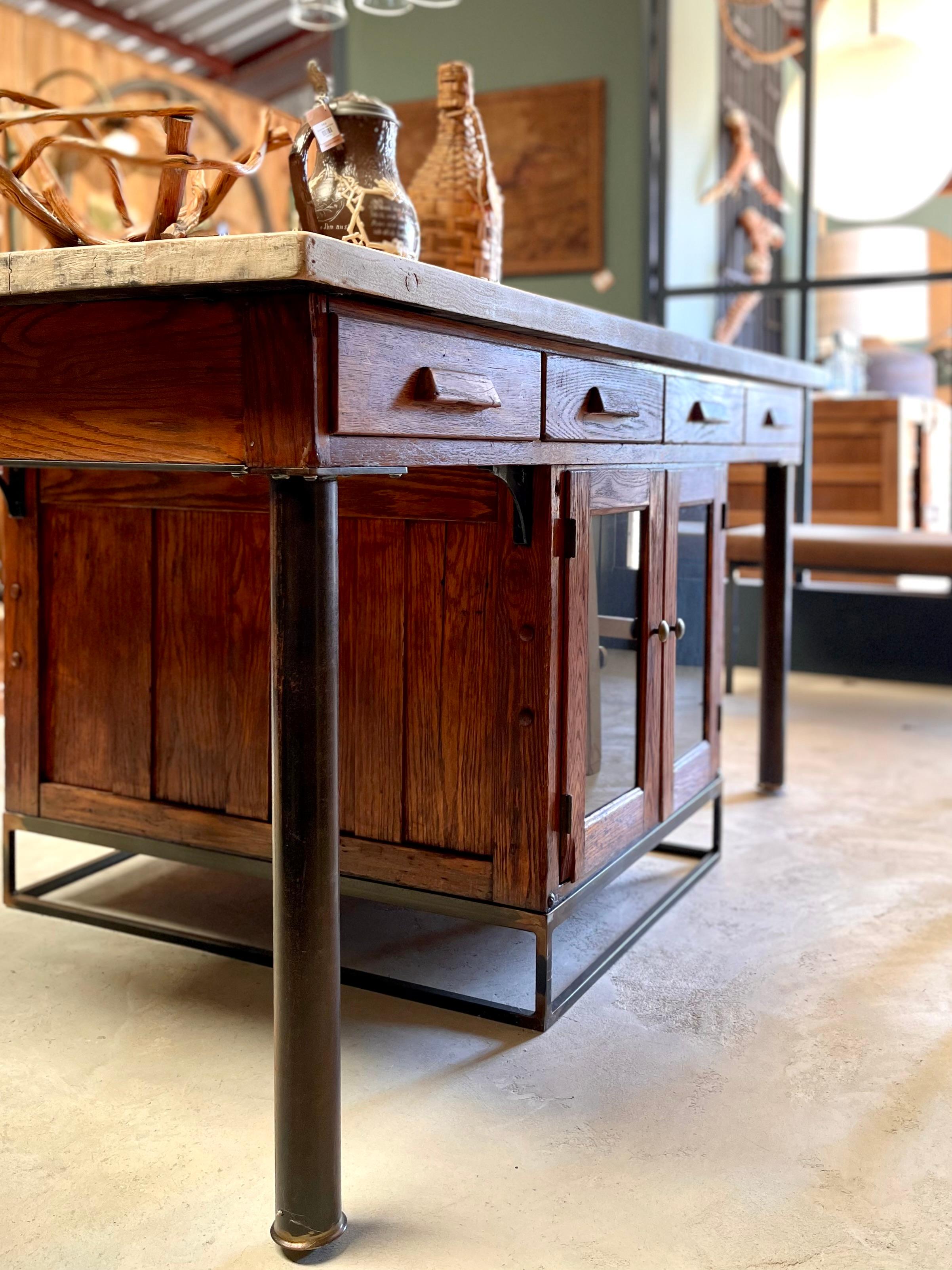 Industrial Mid Century Butcher Block Lab Table Kitchen Island / Work Table For Sale