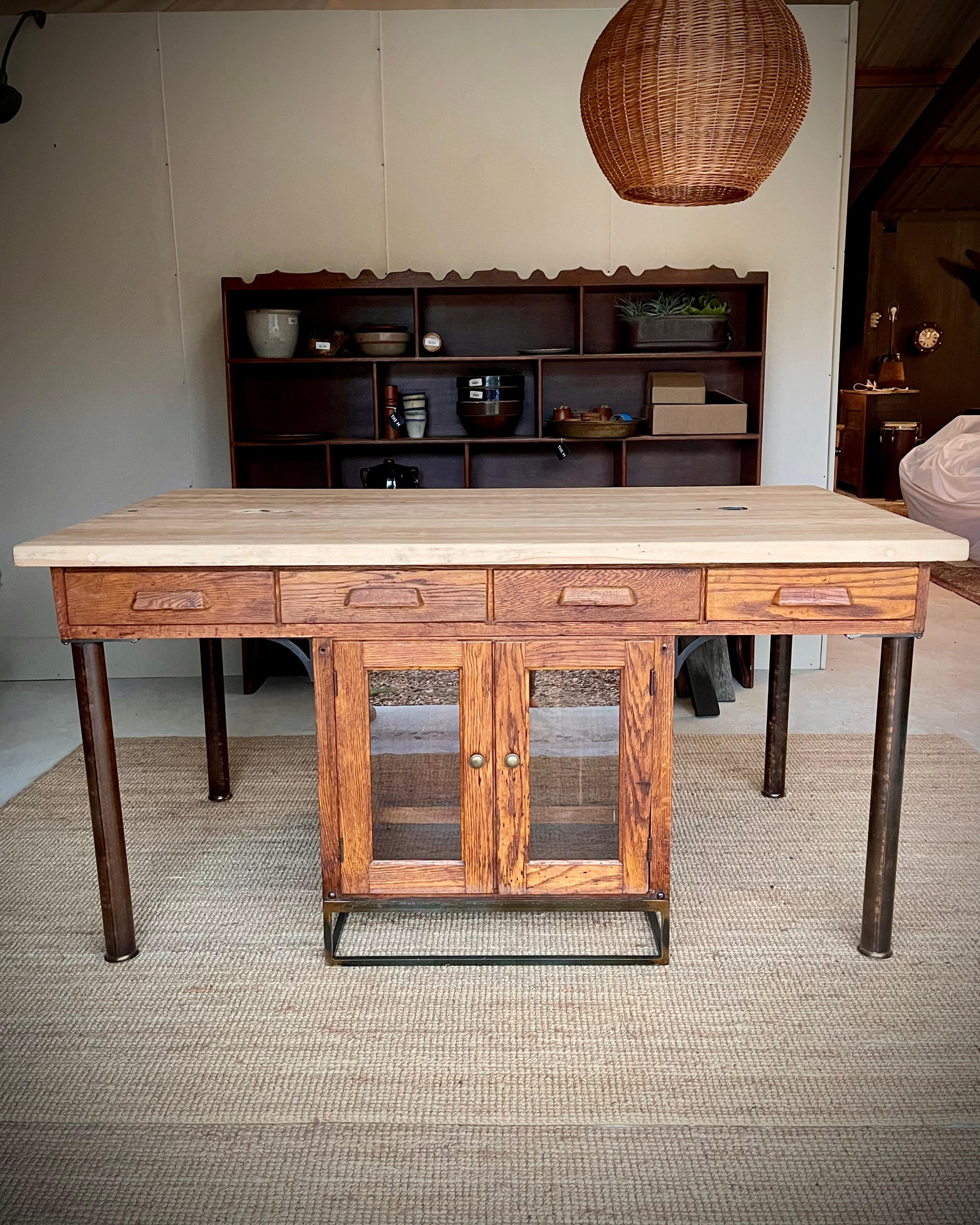 Mid Century Butcher Block Lab Table Kitchen Island / Work Table In Good Condition For Sale In Mckinney, TX