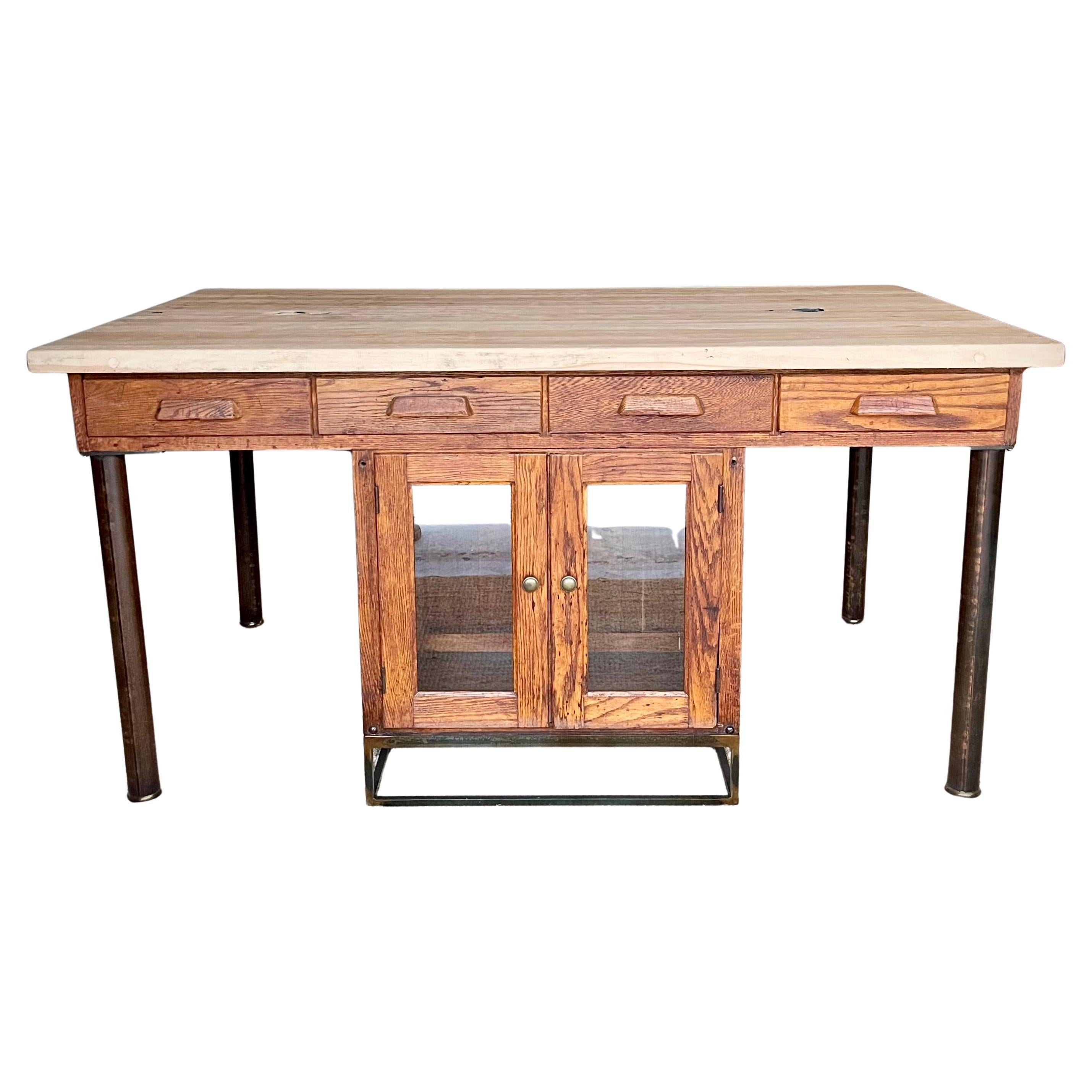 Mid Century Butcher Block Lab Table Kitchen Island / Work Table