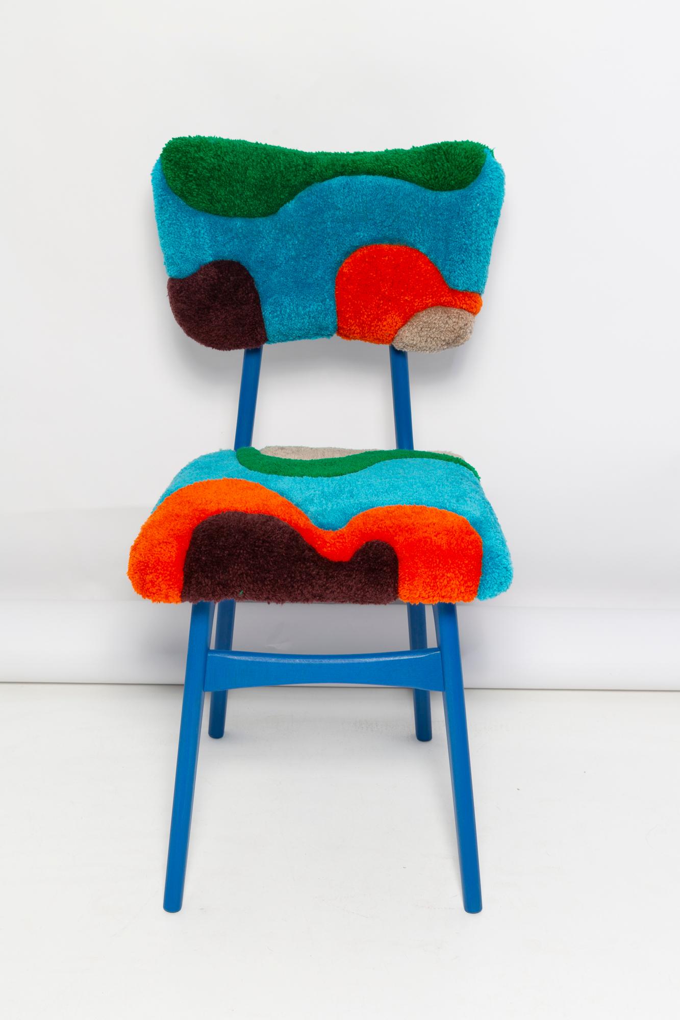 Mid-Century Modern Chaise papillon du milieu du siècle, tissu de laine bleu vert orange touffeté à la main, Europe, années 1960 en vente