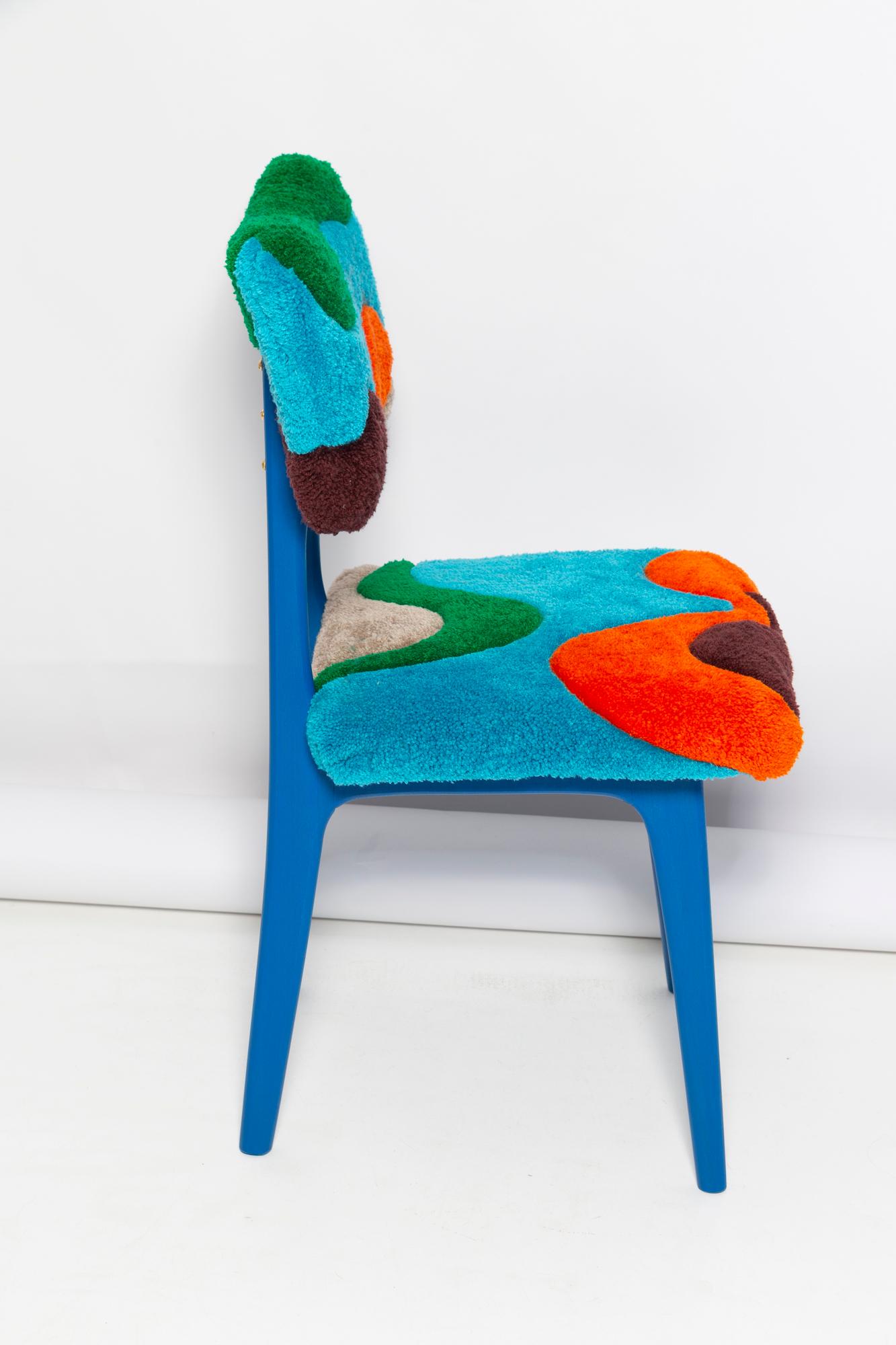 Polonais Chaise papillon du milieu du siècle, tissu de laine bleu vert orange touffeté à la main, Europe, années 1960 en vente