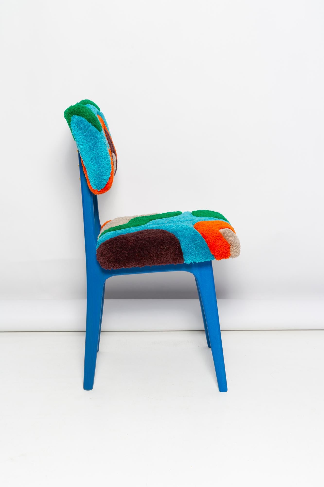 Polish Mid Century Butterfly Chair, Hand Tufting Blue Green Orange Wool, Europe, 1960s For Sale