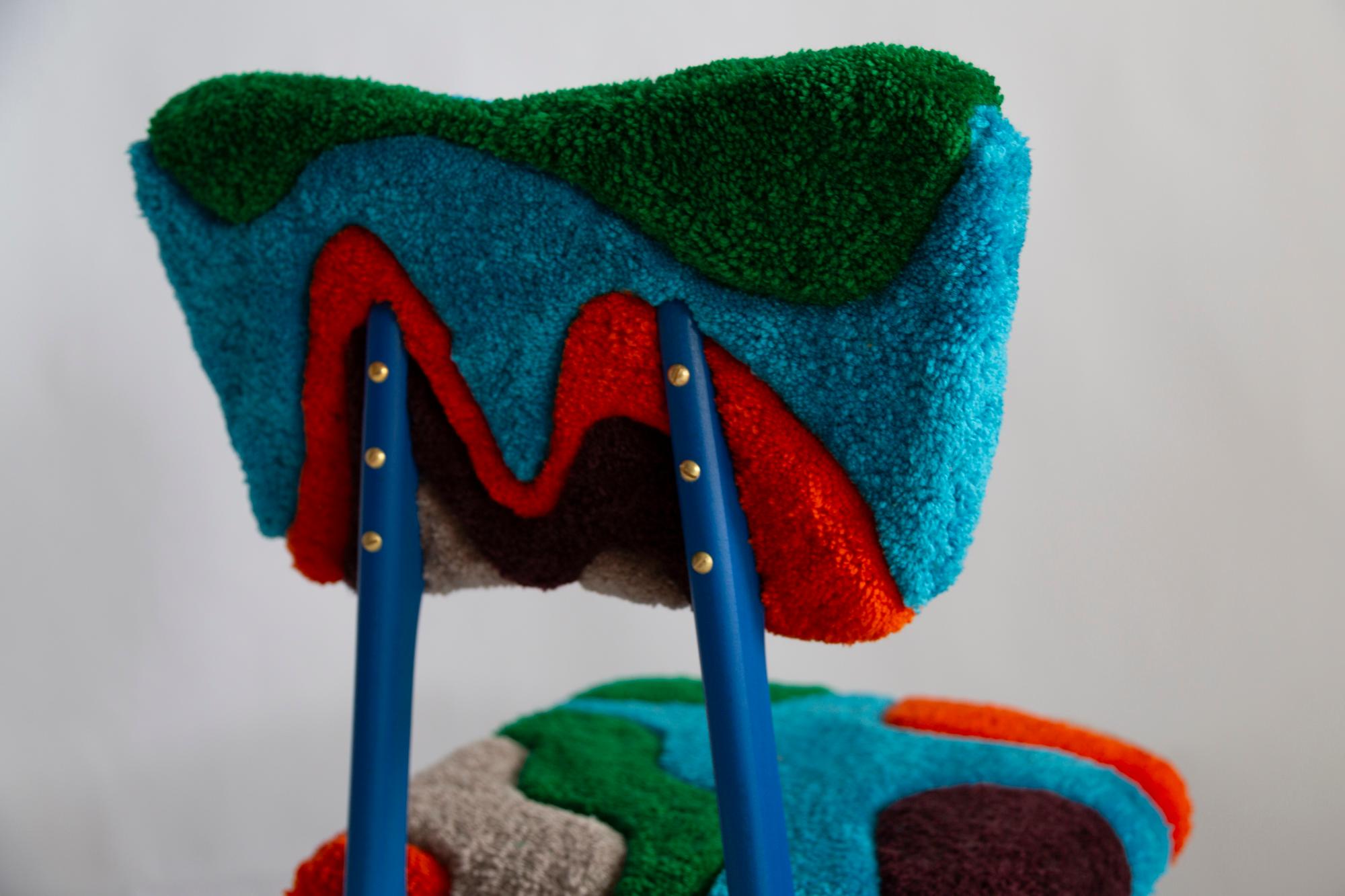 Mid Century Butterfly Chair, Hand Tufting Blue Green Orange Wool, Europe, 1960s For Sale 1