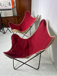 Mid Century Butterfly Chairs with Canvas Slings, a Pair