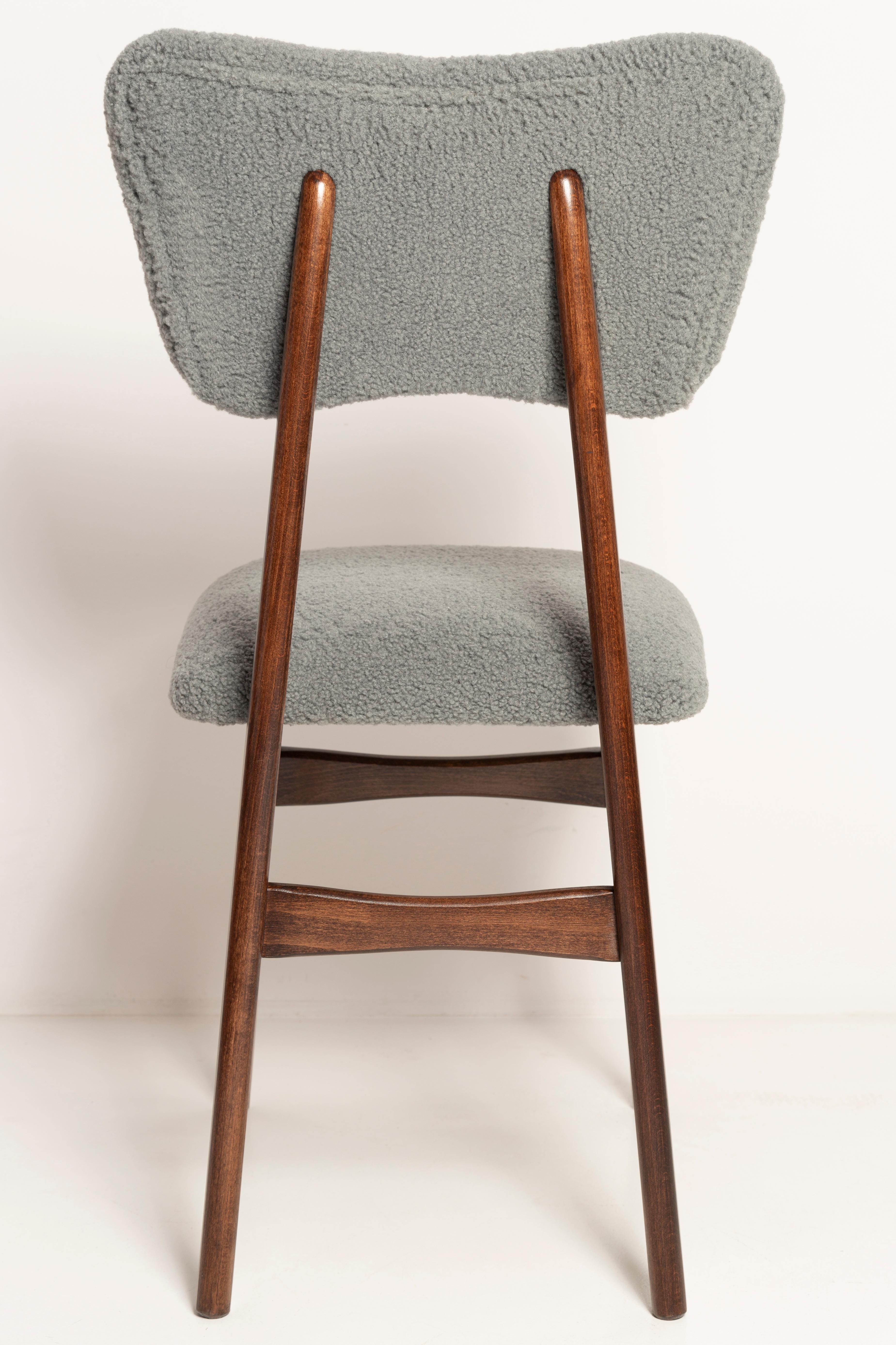 Polish Mid Century Butterfly Dining Chair, Gray Boucle, Dark Walnut Wood, Europe, 1960s For Sale