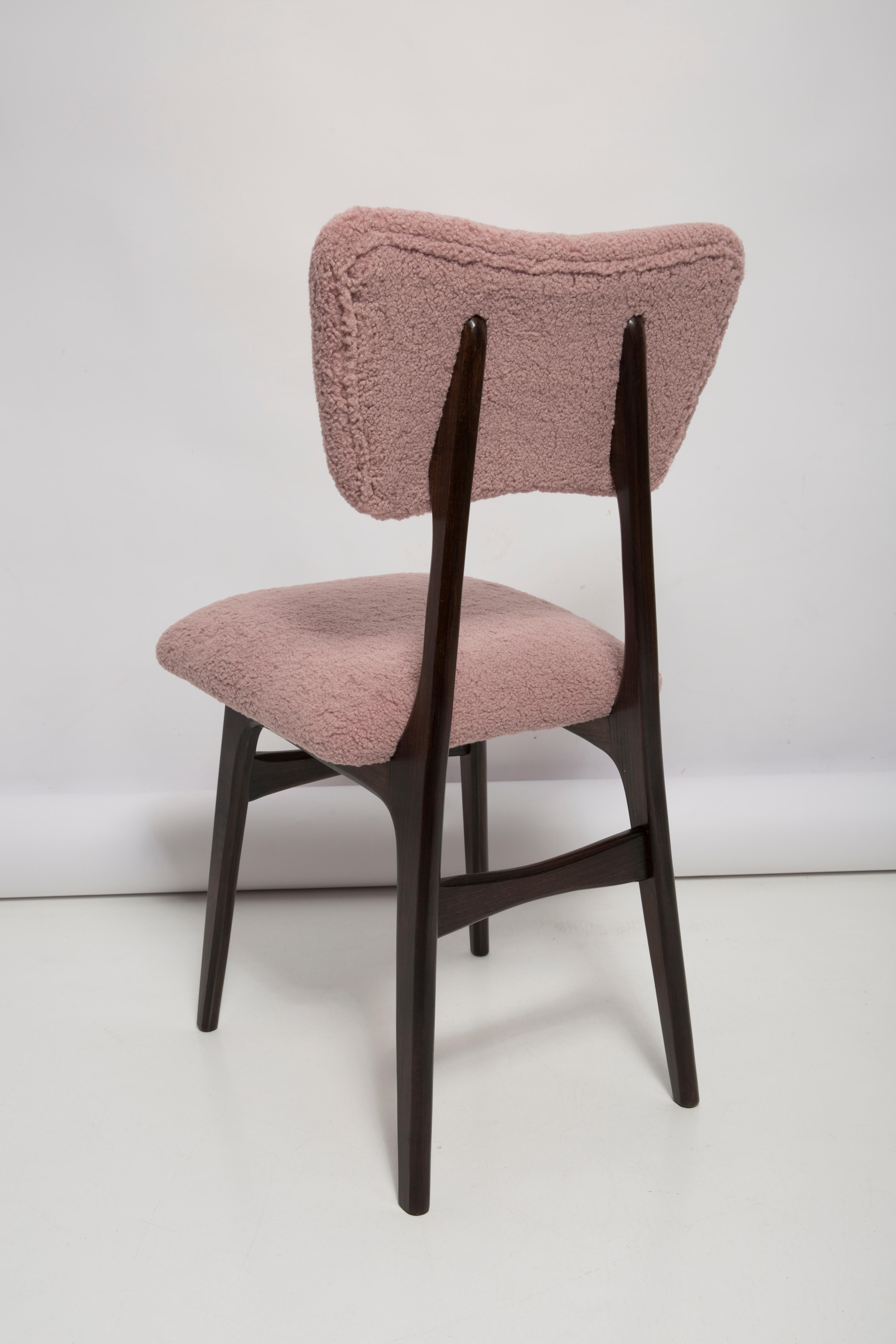 Mid Century Butterfly Dining Chair, Pink Boucle and Walnut Wood, Poland, 1960s For Sale 2