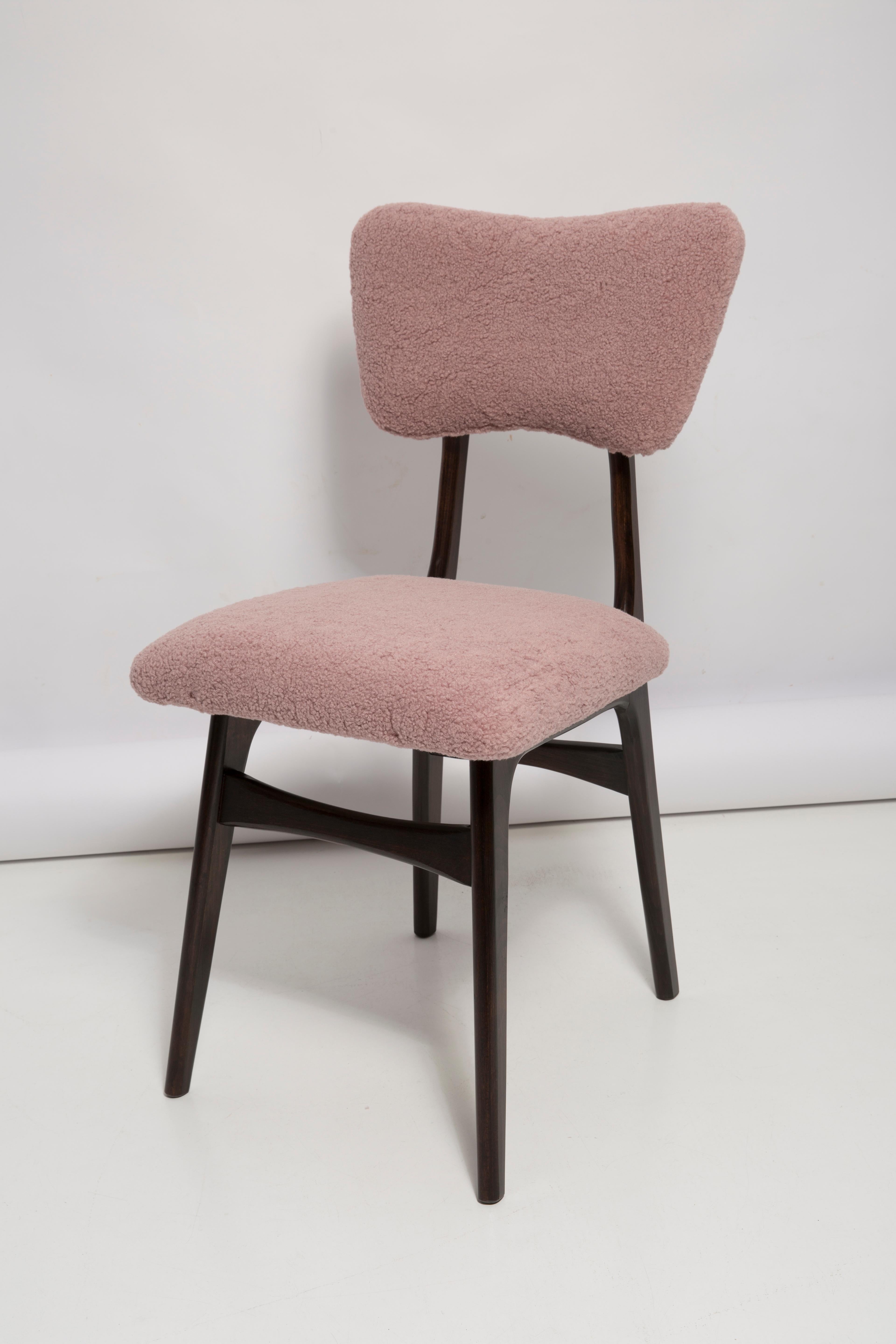 Hand-Crafted Mid Century Butterfly Dining Chair, Pink Boucle and Walnut Wood, Poland, 1960s For Sale