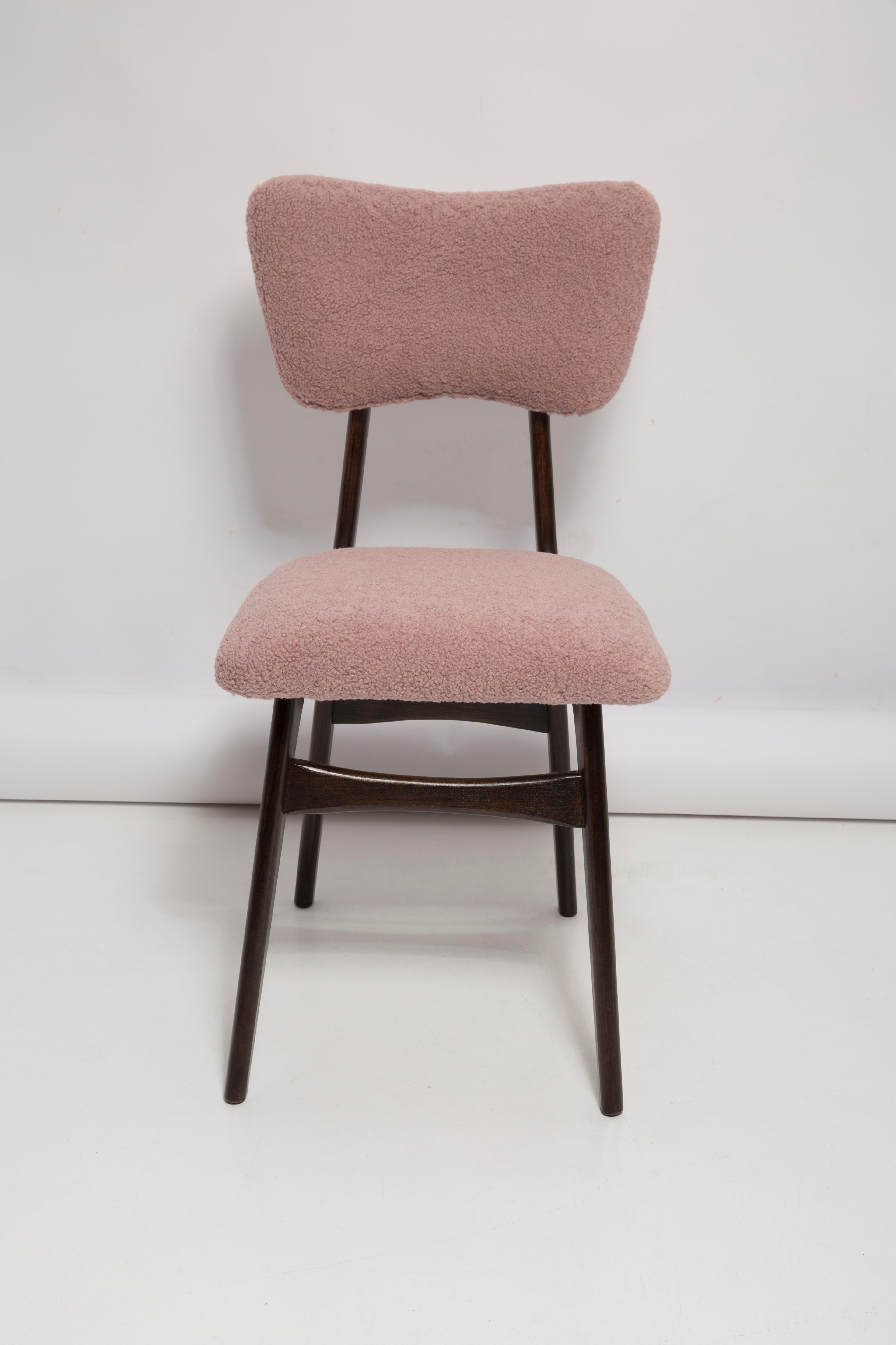 Schmetterlings-Esszimmerstuhl aus der Mitte des Jahrhunderts, rosa Boucle- und Nussbaumholz, Polen, 1960er Jahre im Zustand „Hervorragend“ im Angebot in 05-080 Hornowek, PL