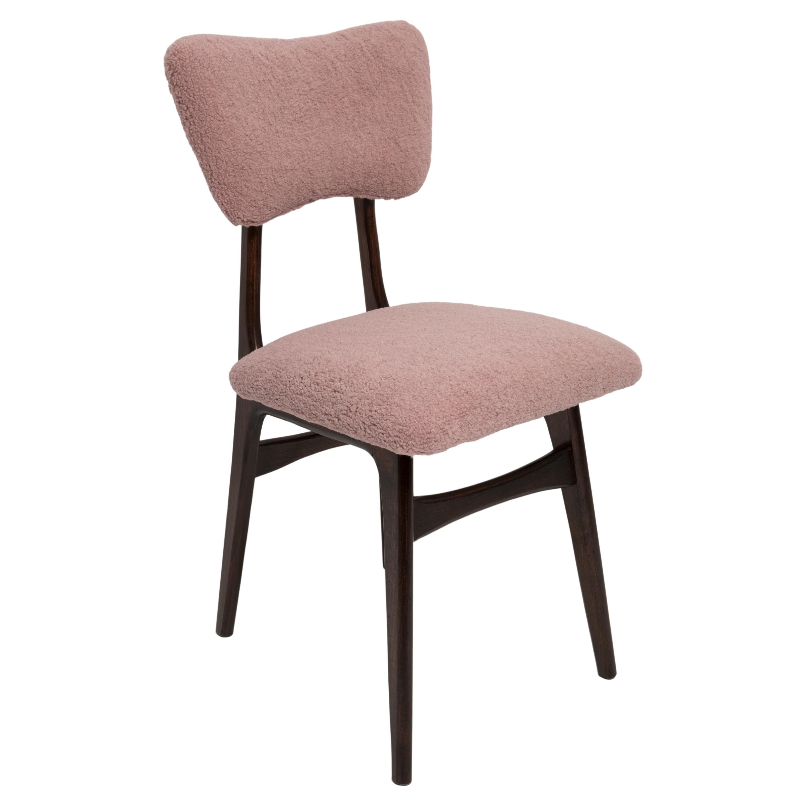Mid Century Butterfly Dining Chair, Pink Boucle and Walnut Wood, Poland, 1960s For Sale