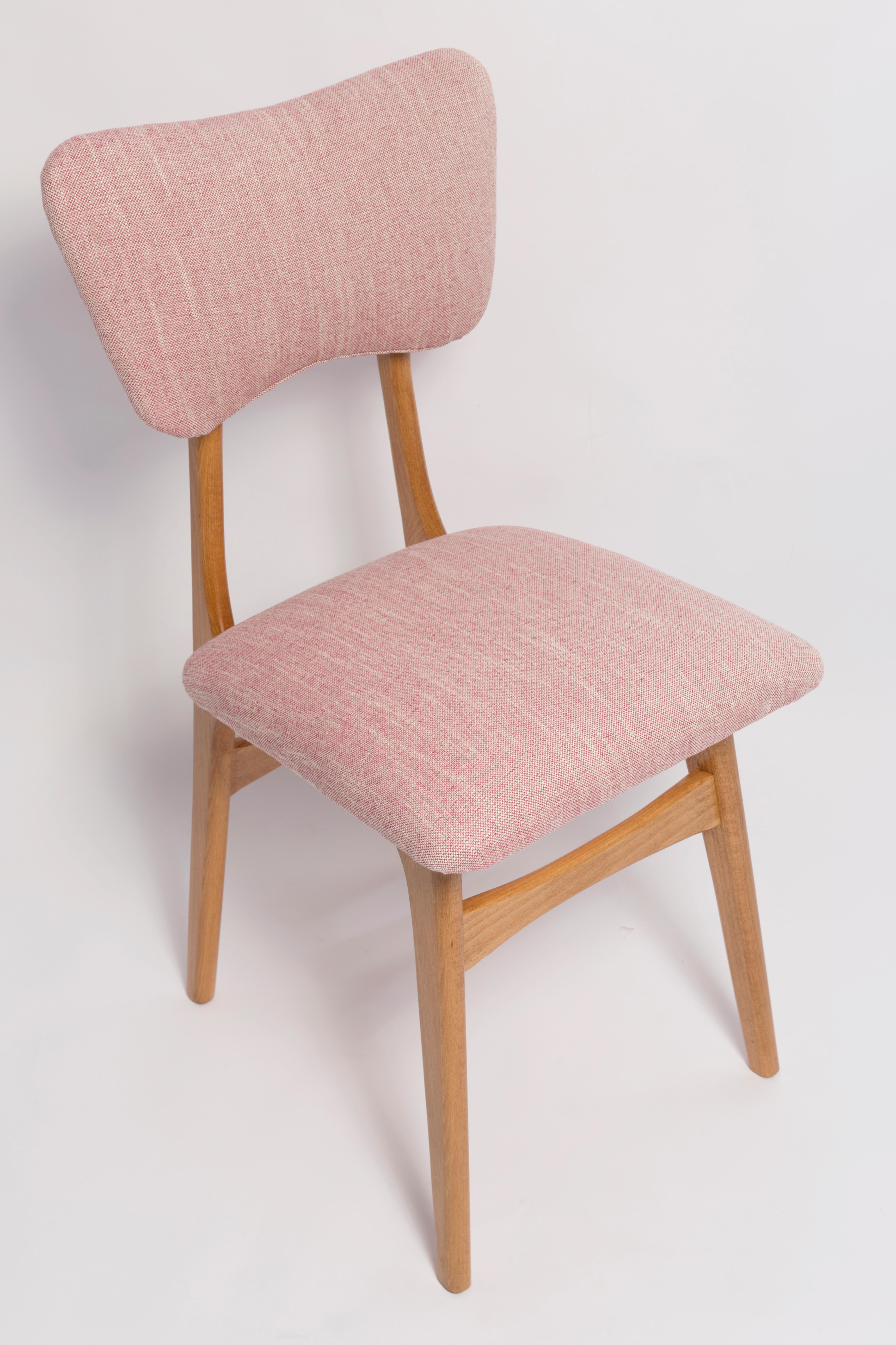 Polish Mid Century Butterfly Dining Chair, Pink Linen, Light Wood, Europe, 1960s For Sale
