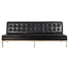 Vintage Mid-Century Button-Tufted Black Leather Armless 3-Seat Sofa