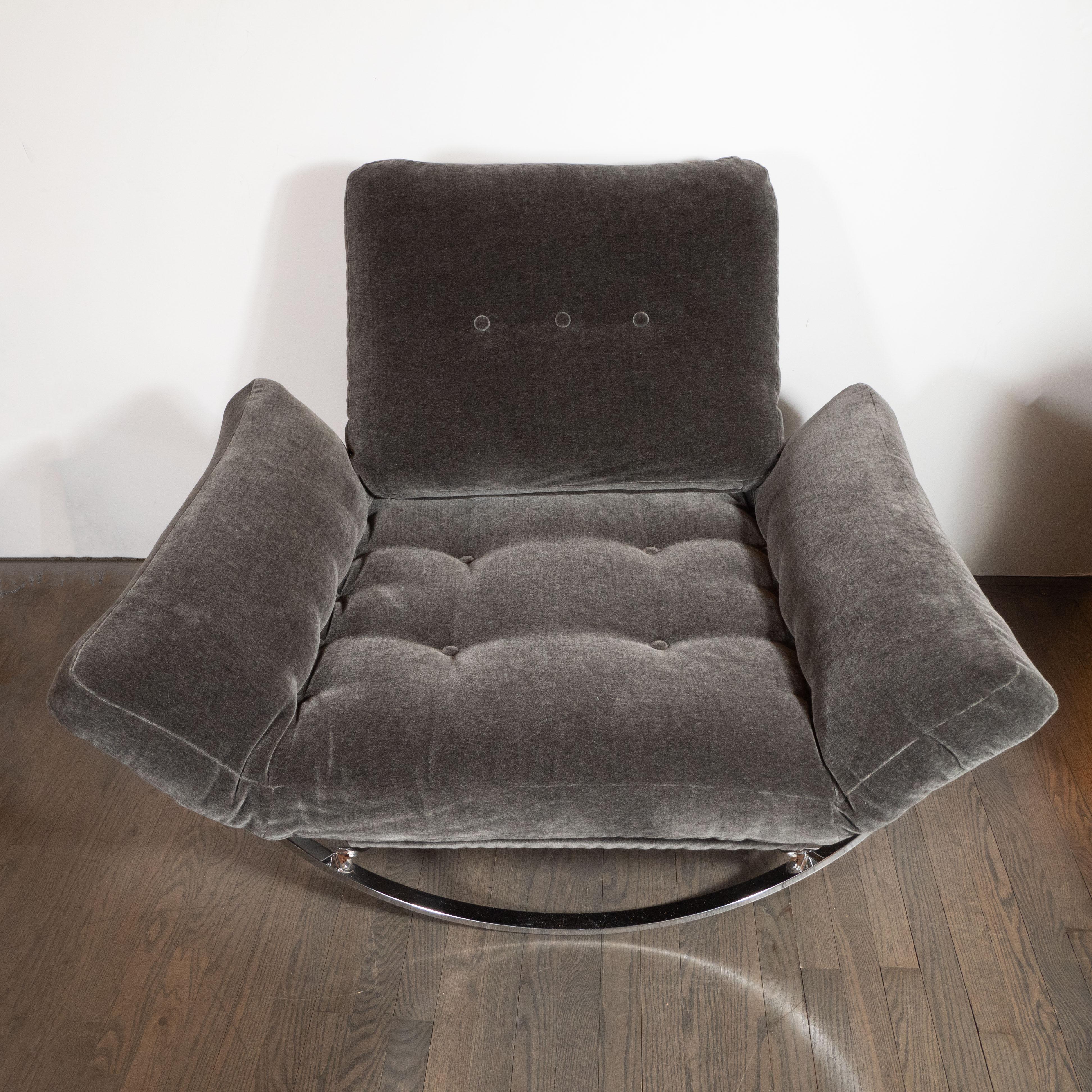 Mid-Century Modern Midcentury Button Tufted Chair & Ottoman in Chrome & Graphite Mohair by Stendig
