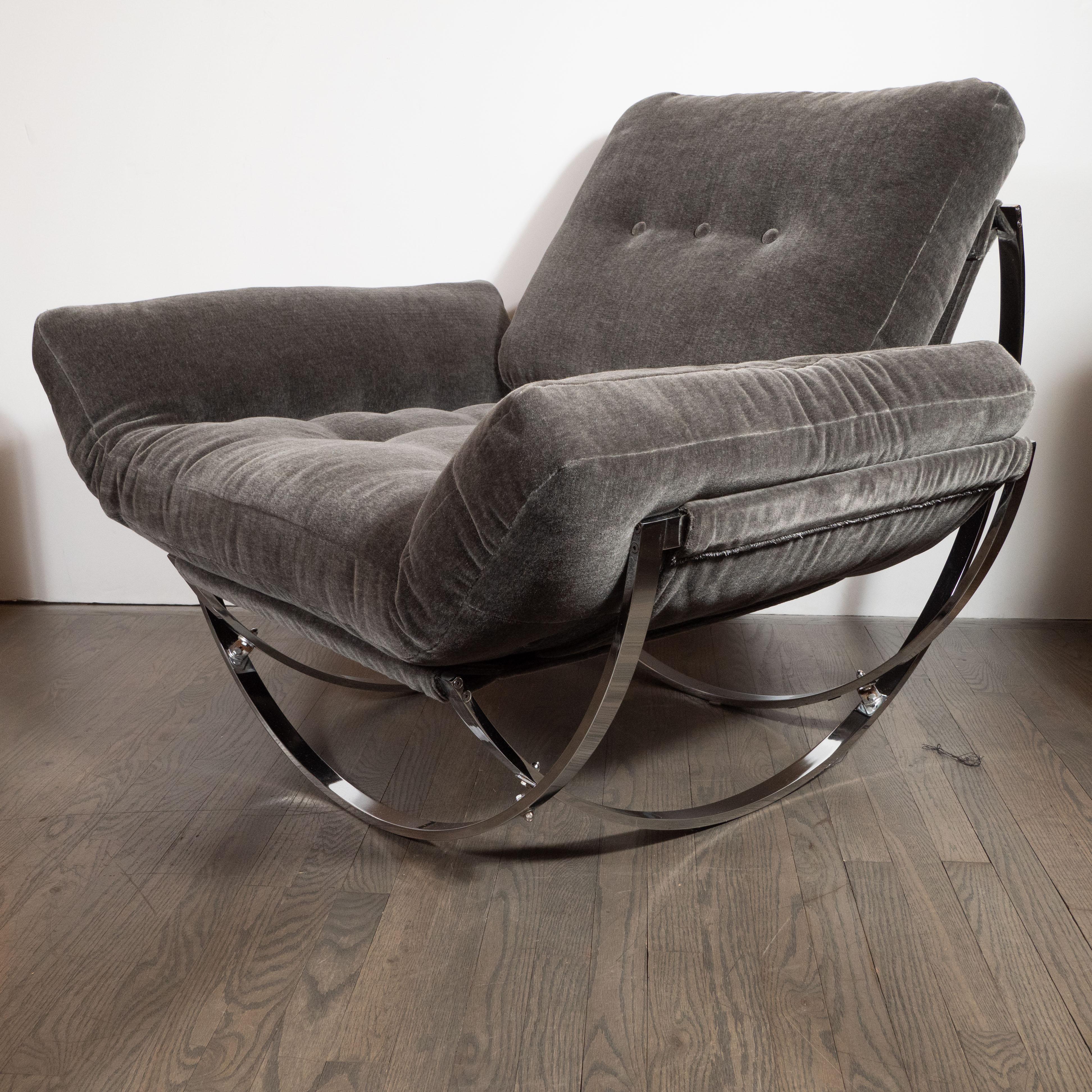 Italian Midcentury Button Tufted Chair & Ottoman in Chrome & Graphite Mohair by Stendig