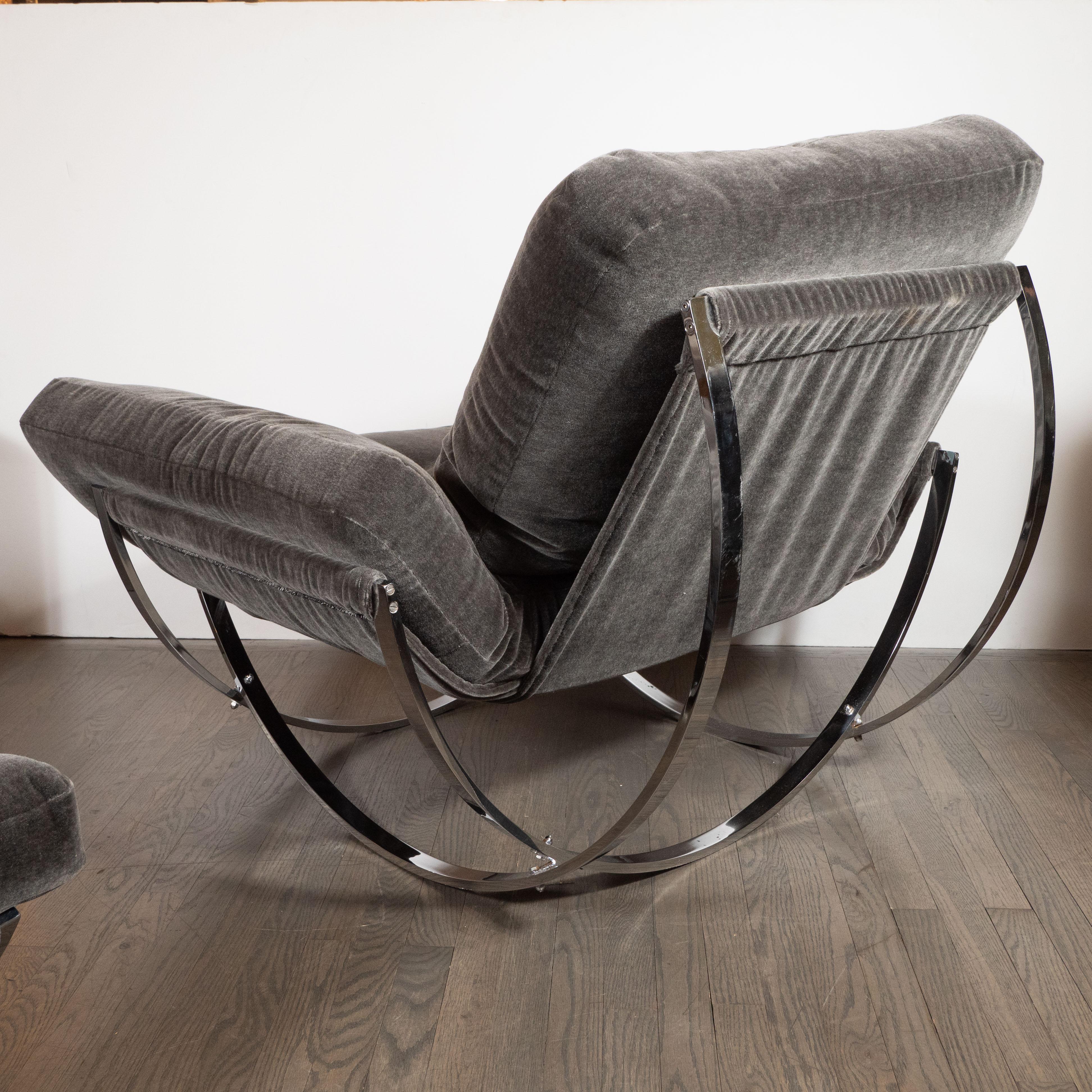 Late 20th Century Midcentury Button Tufted Chair & Ottoman in Chrome & Graphite Mohair by Stendig