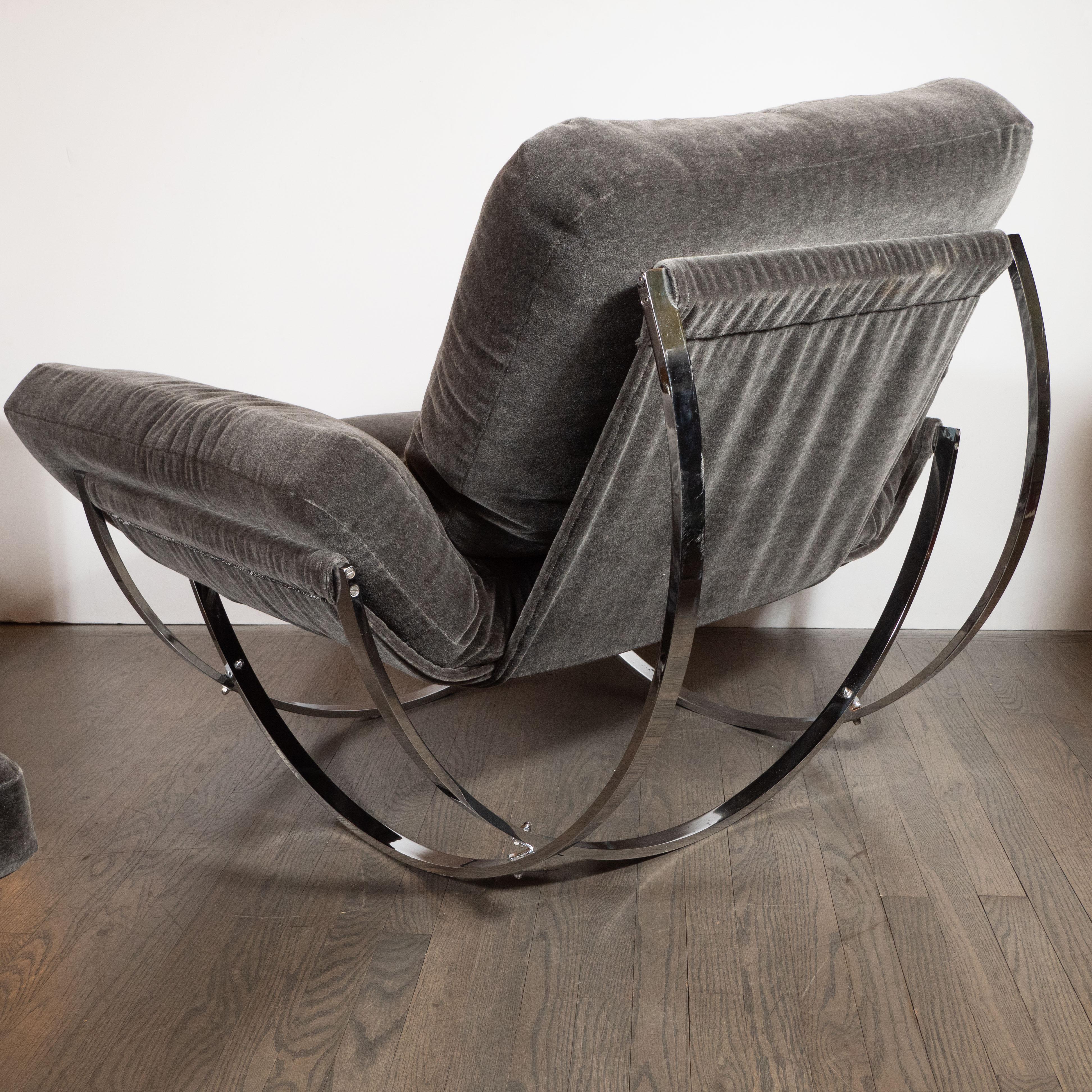 Midcentury Button Tufted Chair & Ottoman in Chrome & Graphite Mohair by Stendig 1