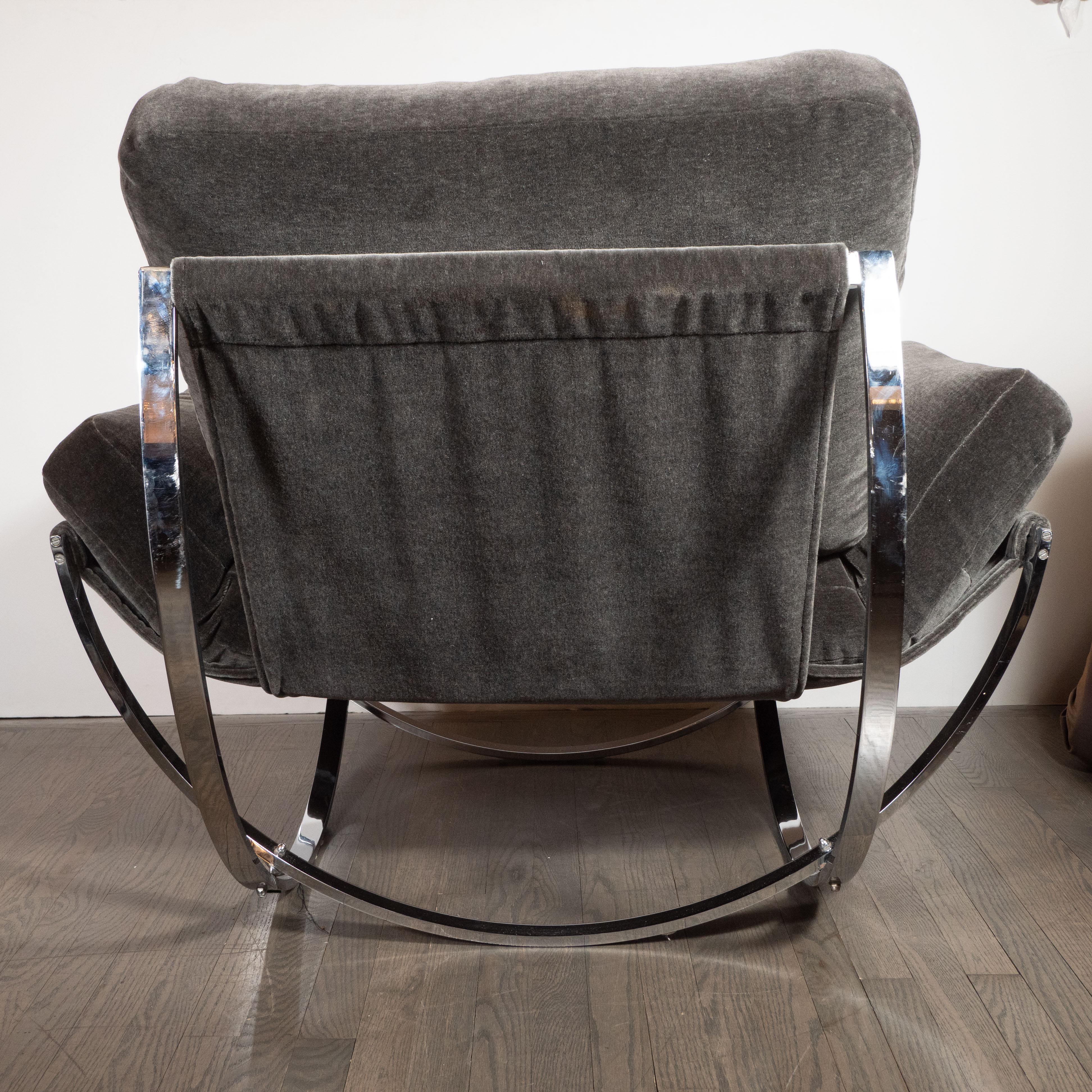 Midcentury Button Tufted Chair & Ottoman in Chrome & Graphite Mohair by Stendig 2