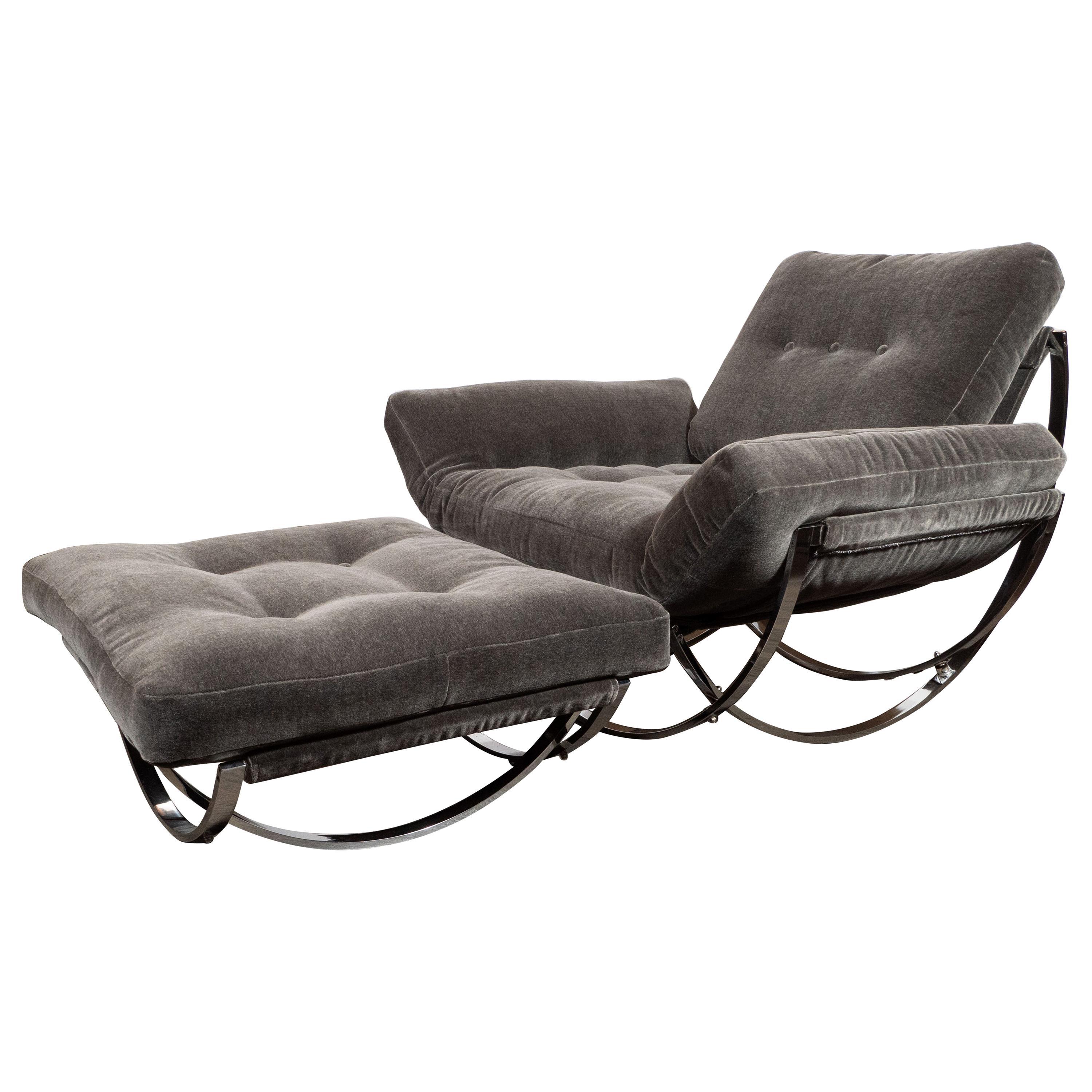 Midcentury Button Tufted Chair & Ottoman in Chrome & Graphite Mohair by Stendig