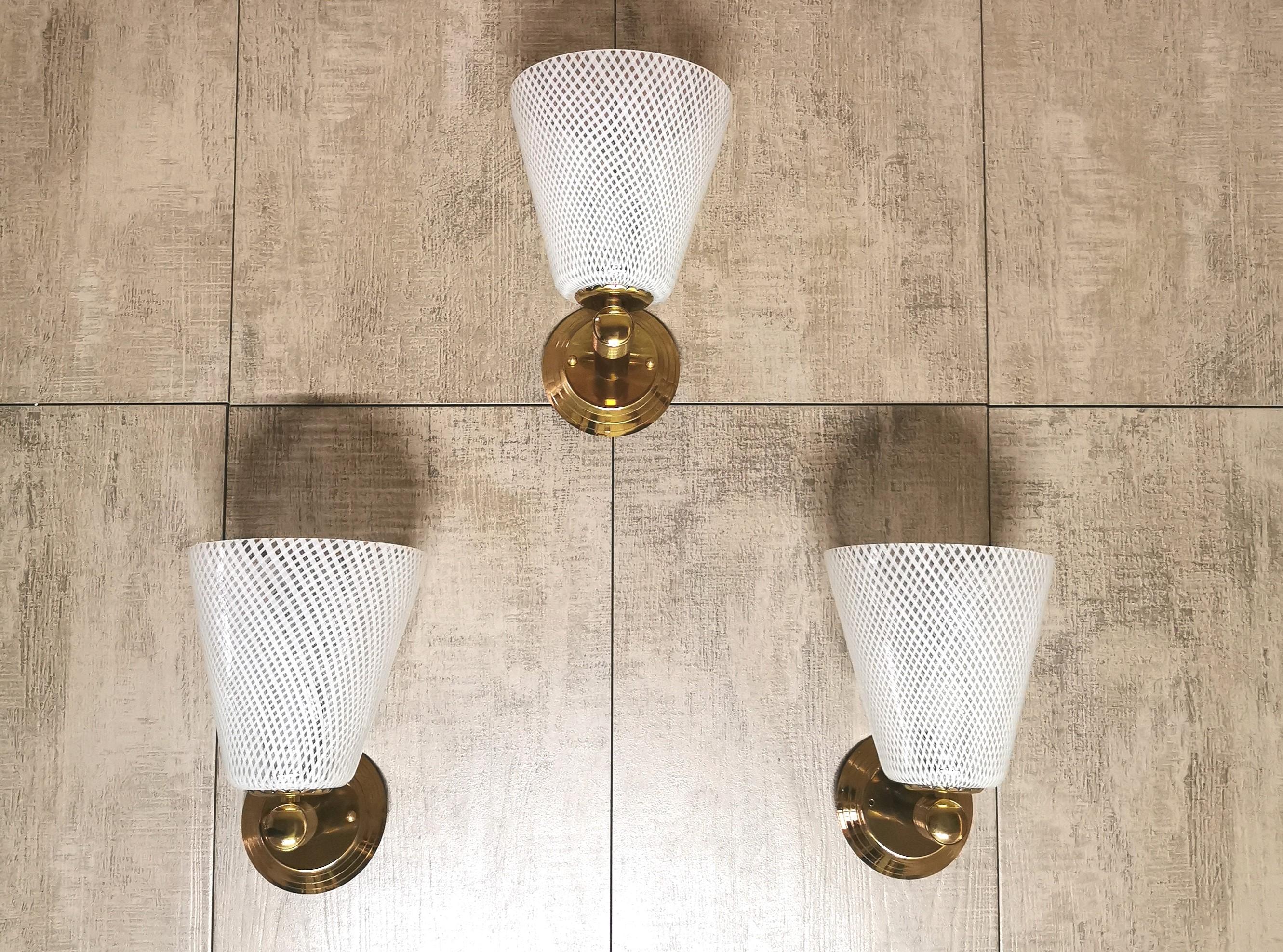 Midcentury Set of 5  Reticello Wall Lamps by Venini Murano Glass and Brass Italy 5