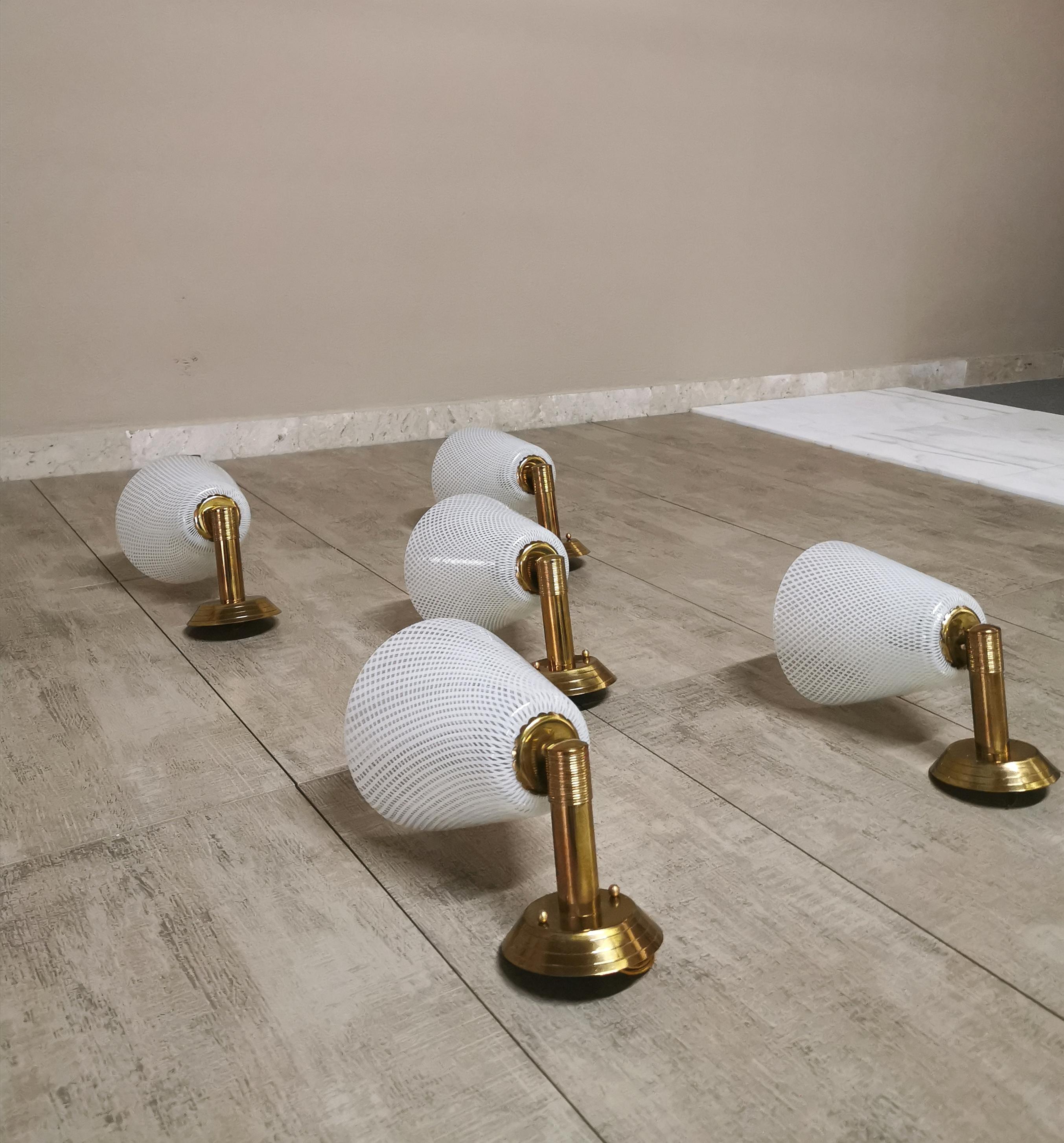 Midcentury Set of 5  Reticello Wall Lamps by Venini Murano Glass and Brass Italy 6
