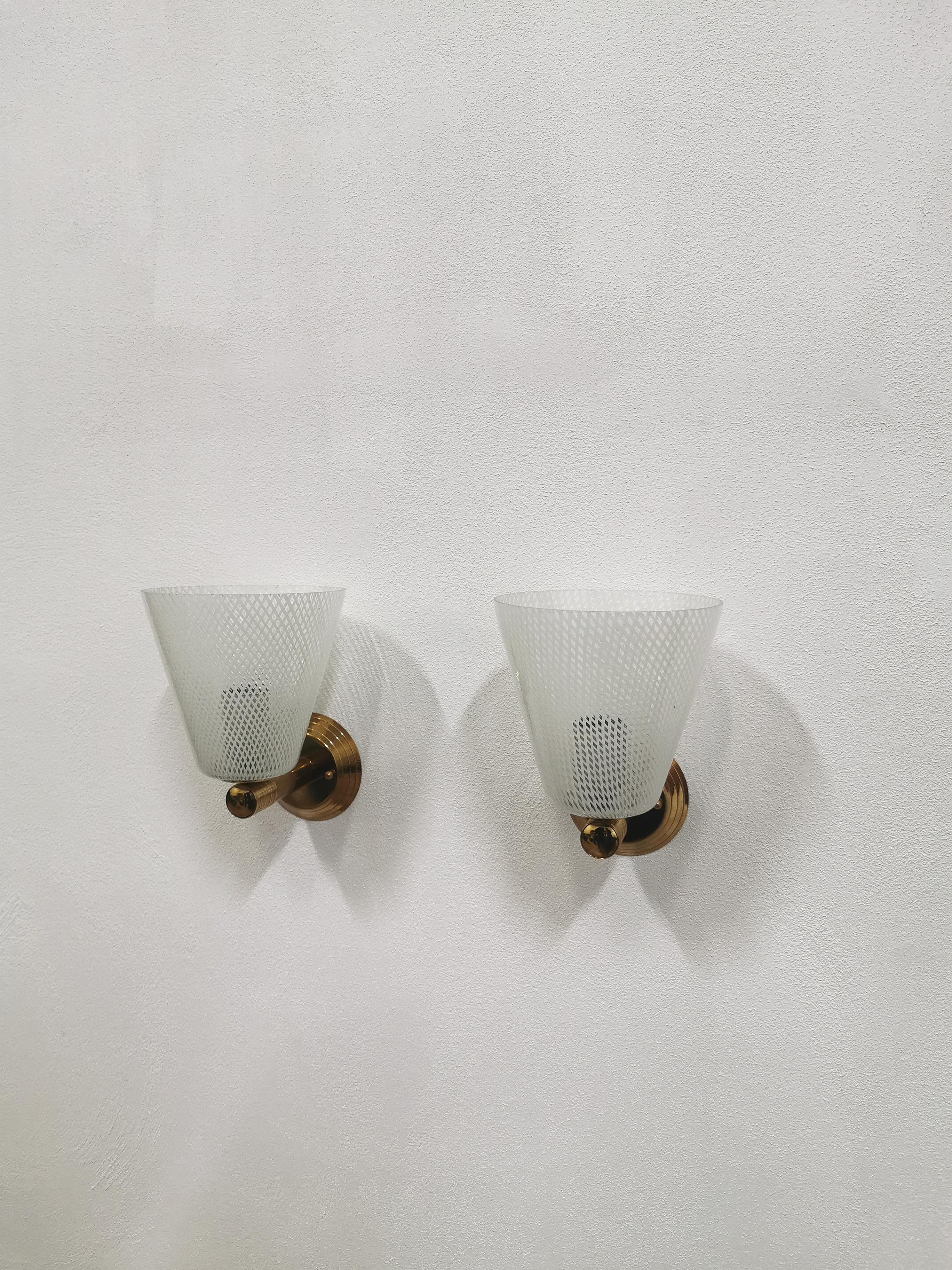 Midcentury Set of 5  Reticello Wall Lamps by Venini Murano Glass and Brass Italy 7