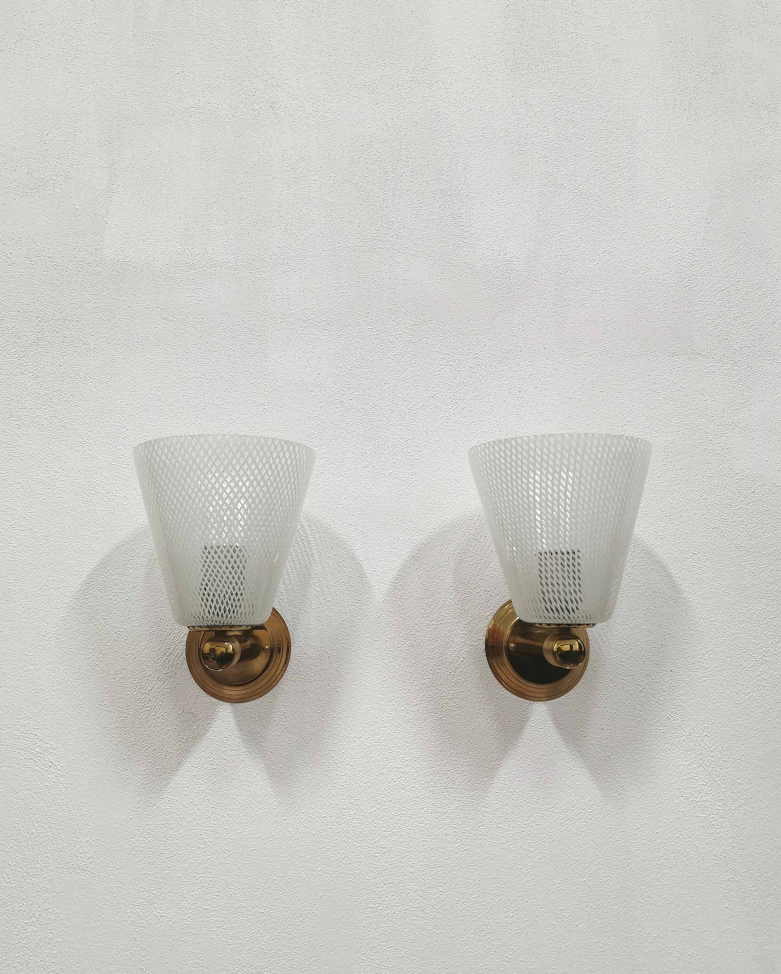 Mid-Century Modern Midcentury Set of 5  Reticello Wall Lamps by Venini Murano Glass and Brass Italy
