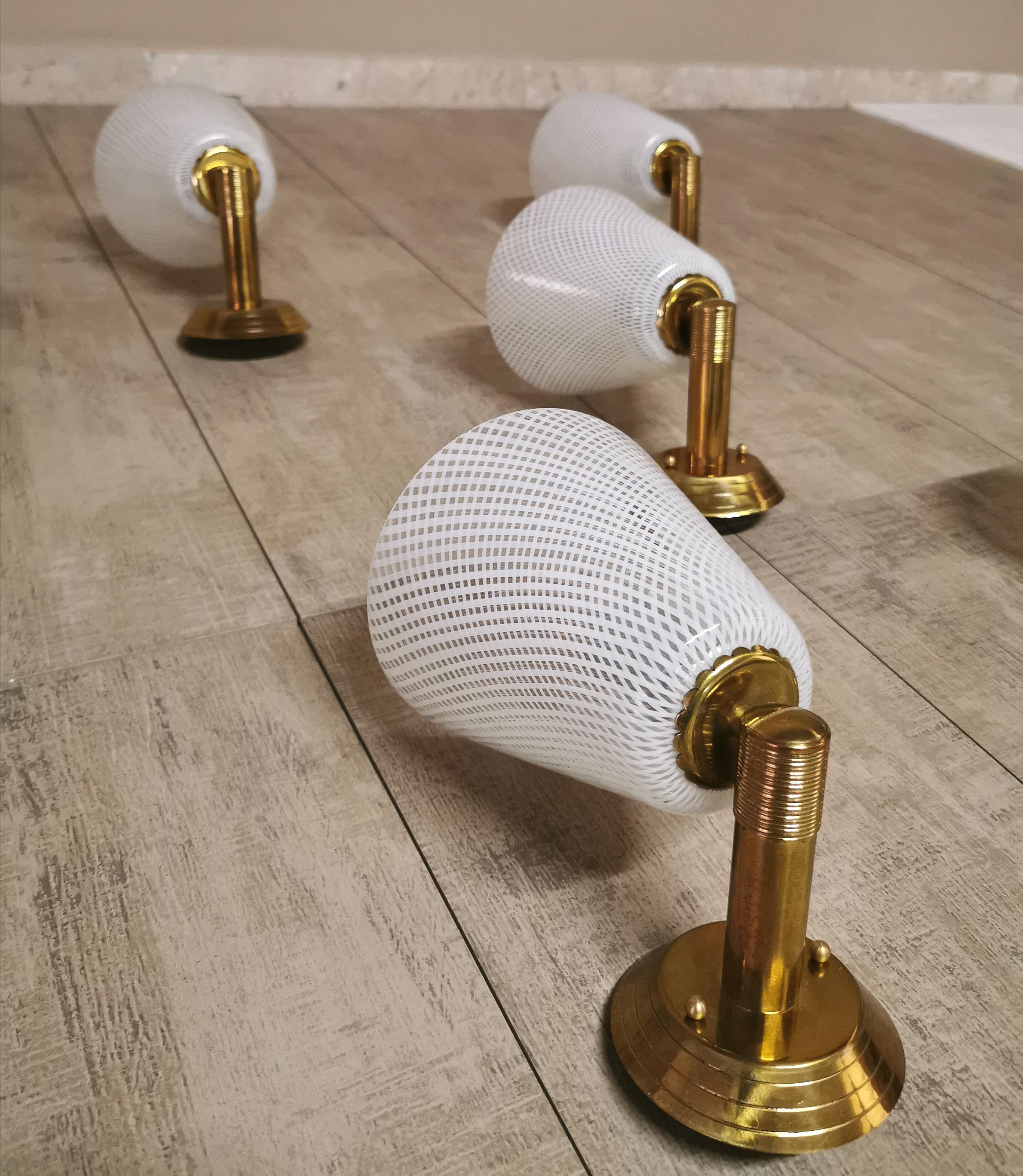 Midcentury Set of 5  Reticello Wall Lamps by Venini Murano Glass and Brass Italy In Good Condition In Palermo, IT