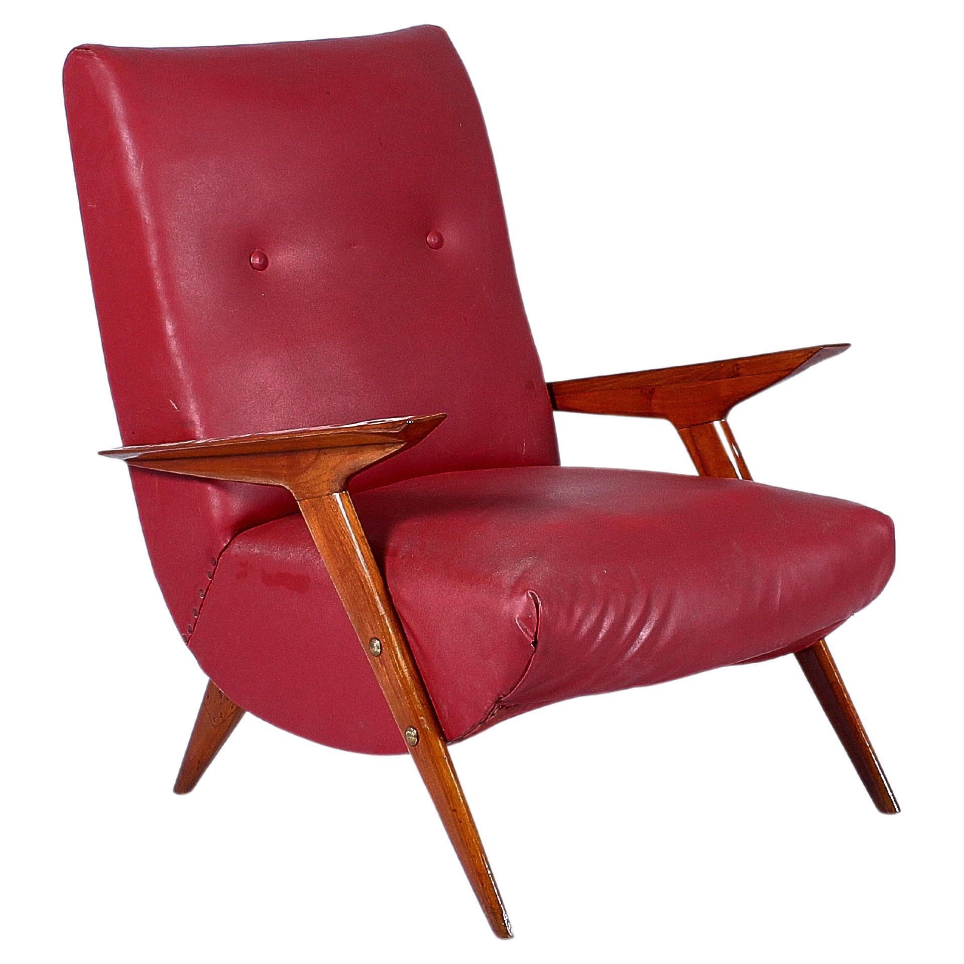 Mid-Century C. Graffi (attr.) Shaped Wood and Red Leather Armchair 50s Italy 