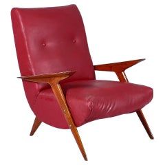 Mid-Century C. Graffi (attr.) Shaped Wood and Red Leather Armchair 50s Italy 